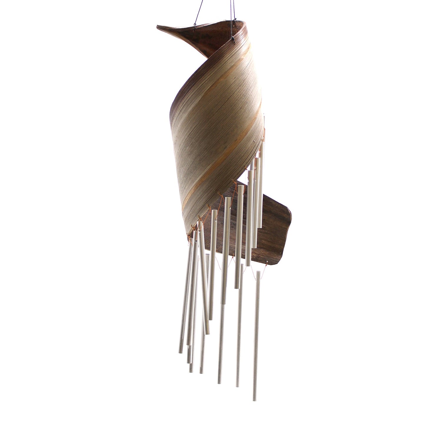 Handcrafted Coconut Leaf Wind Chime - Natural with a tall twisted brown leaf form and hanging silver-tone tubes by Quintessential Holistic Health Ltd