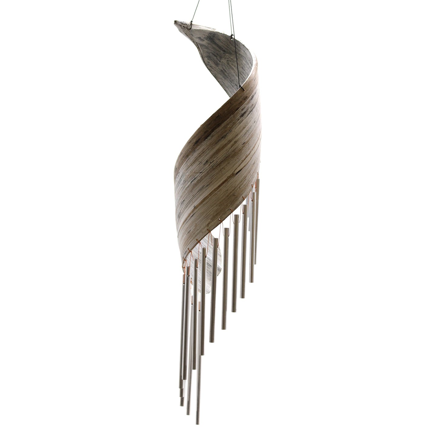Handcrafted Coconut Leaf Wind Chime - Whitewash with pale spiralling leaf panels and hanging silver-tone tubes by Quintessential Holistic Health Ltd
