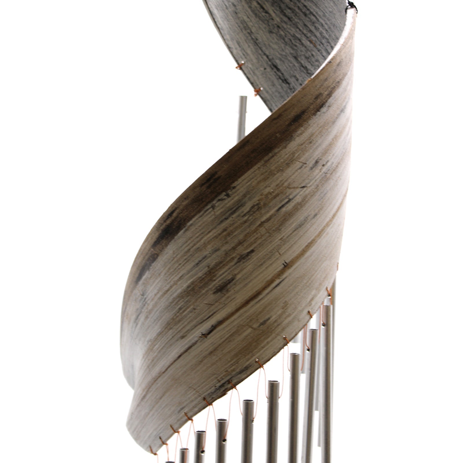 Handcrafted Coconut Leaf Wind Chime - Whitewash close-up showing broad pale curved leaf panels above silver-tone tubes by Quintessential Holistic Health Ltd