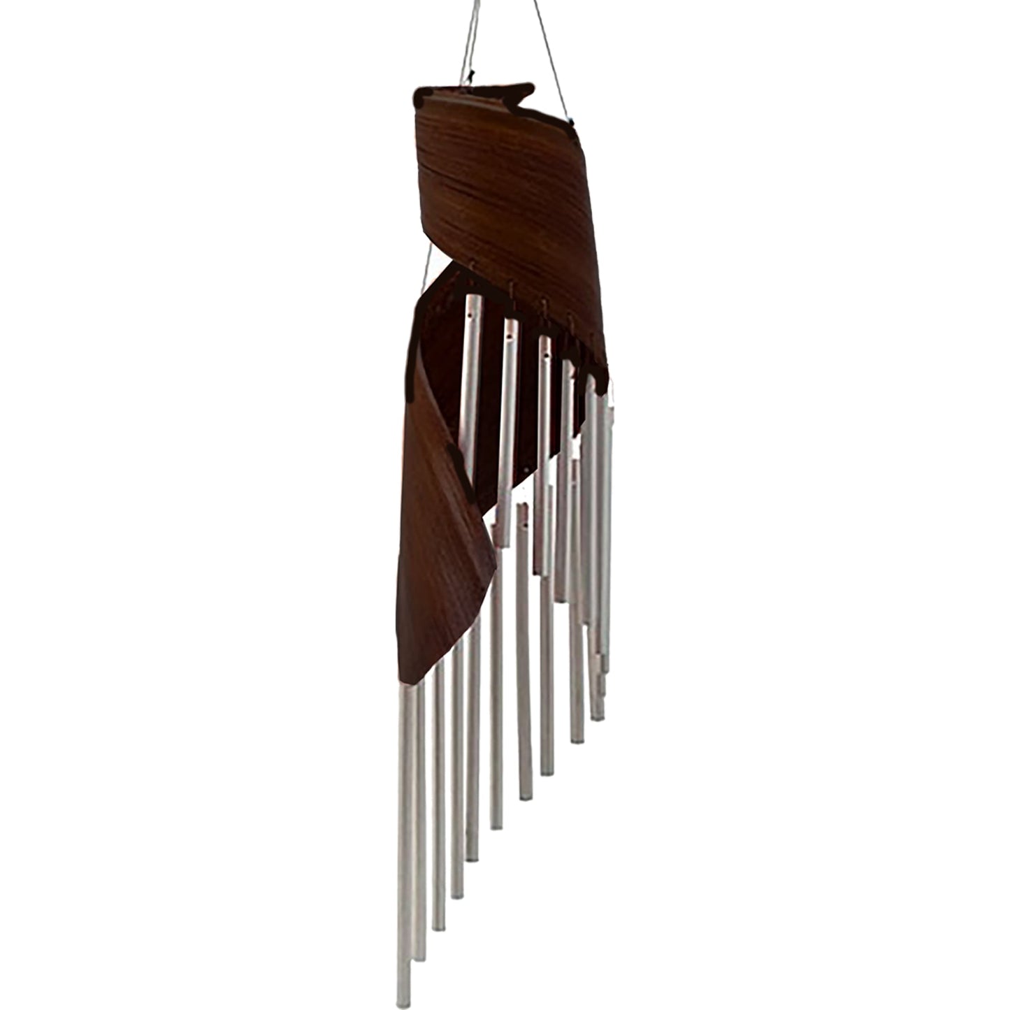 Handcrafted Coconut Leaf Wind Chime - Chocolate with layered curved dark leaves and a row of silver-tone tubes by Quintessential Holistic Health Ltd