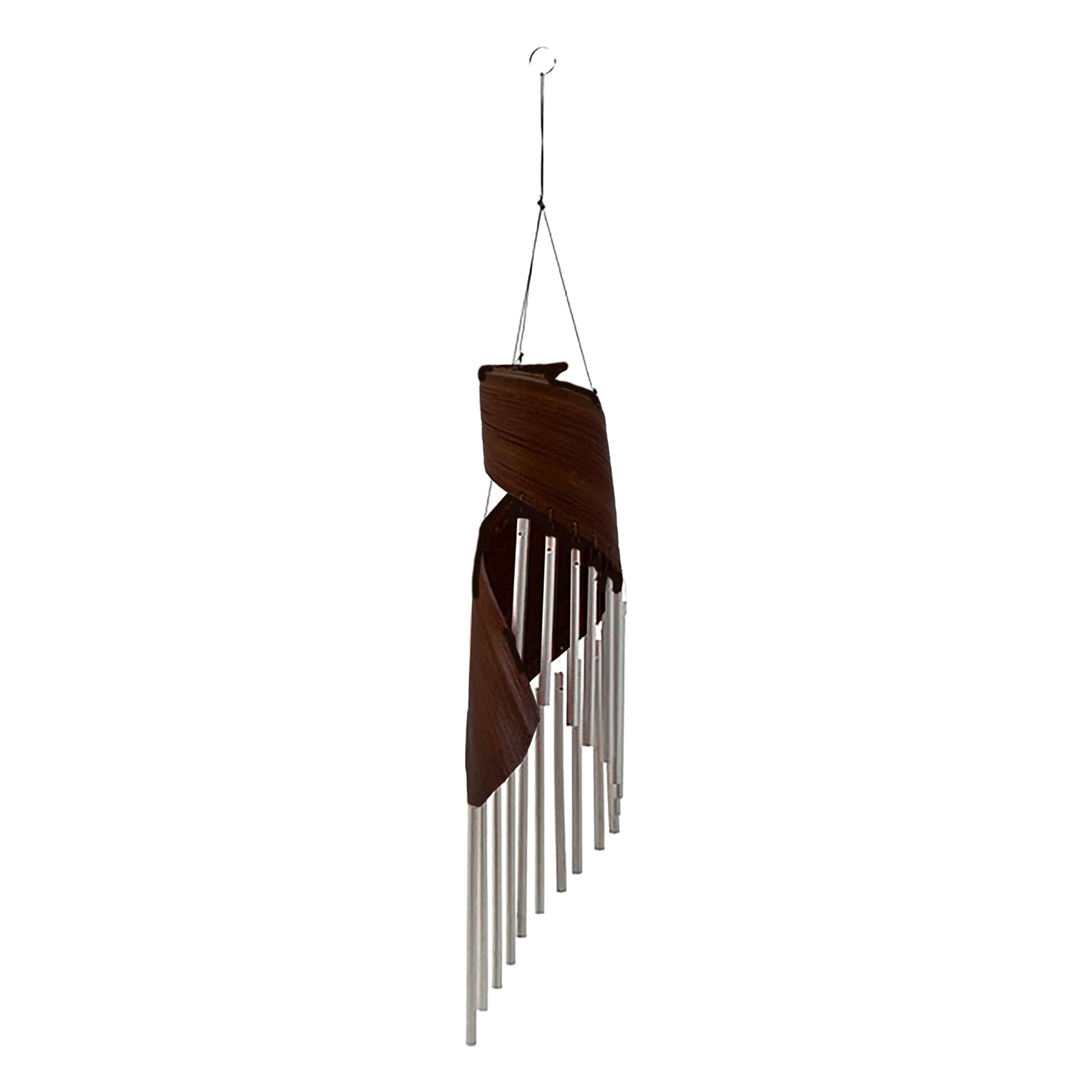 Handcrafted Coconut Leaf Wind Chime - Chocolate suspended by a cord with curved dark leaf panels and descending silver-tone tubes by Quintessential Holistic Health Ltd
