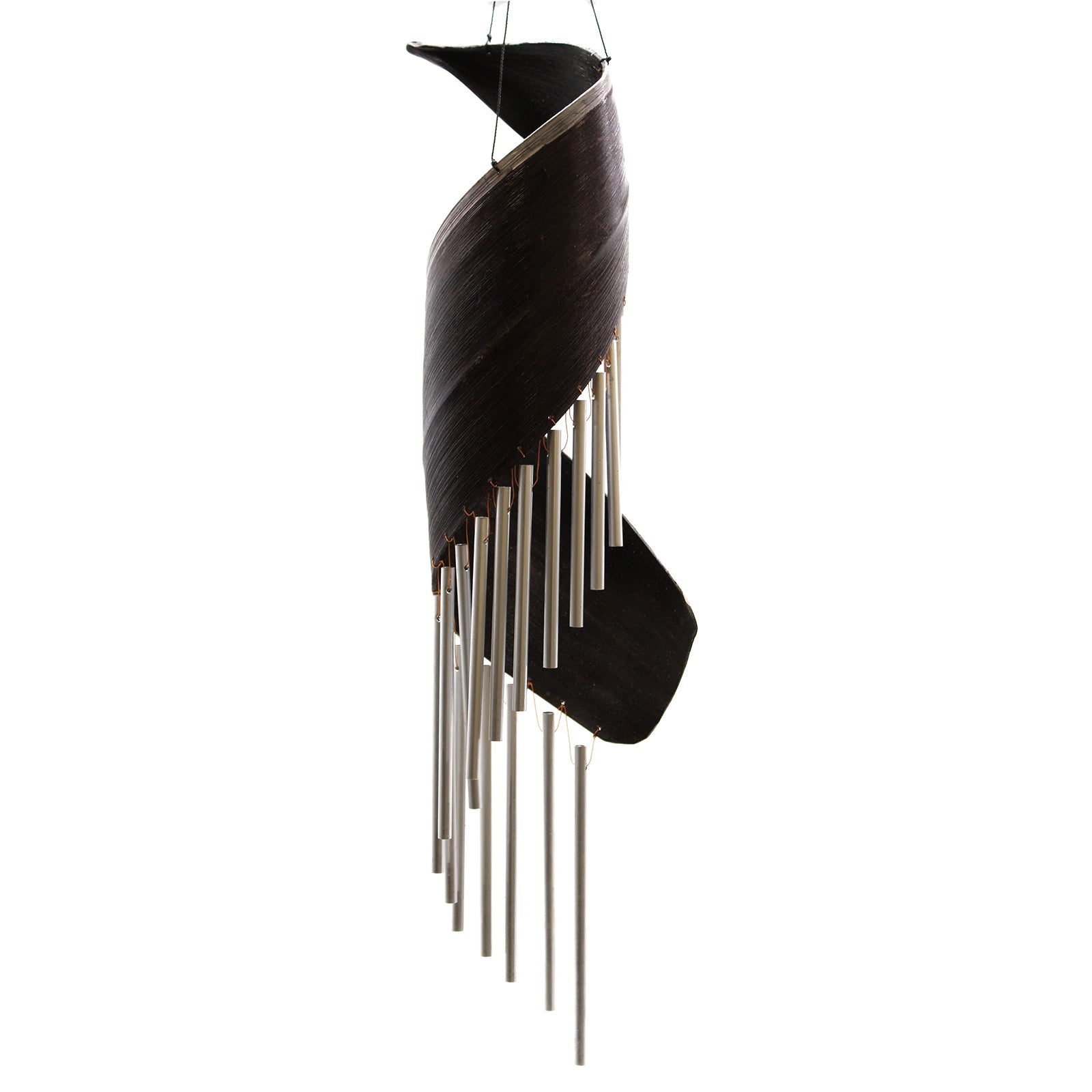 Handcrafted Coconut Leaf Wind Chime - Chocolate with a dark twisted leaf form and hanging silver-tone tubes by Quintessential Holistic Health Ltd