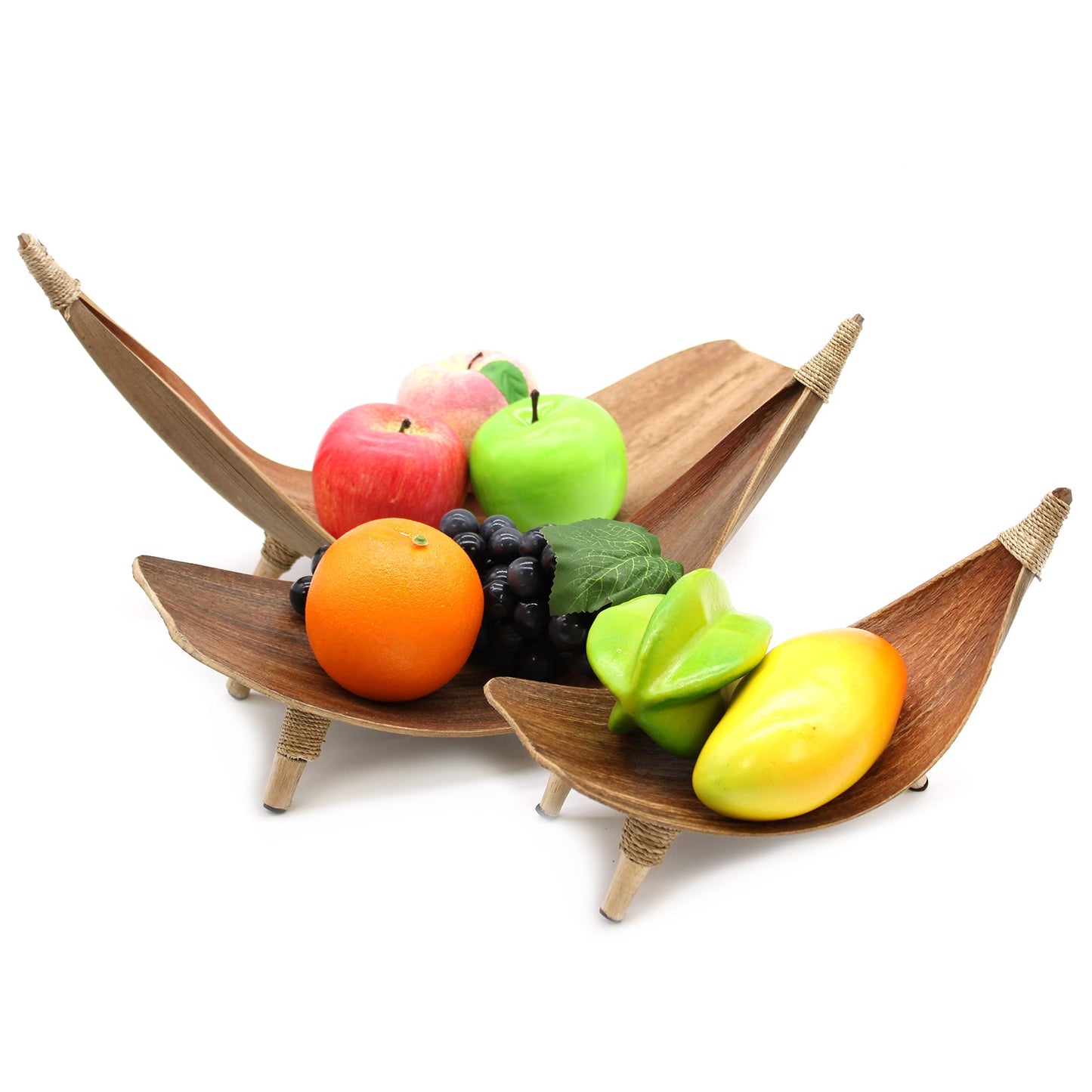 Coconut Leaf Fruit Bowl Set of 3 - Natural with three curved bowls displaying apples, oranges, grapes and starfruit by Quintessential Holistic Health Ltd