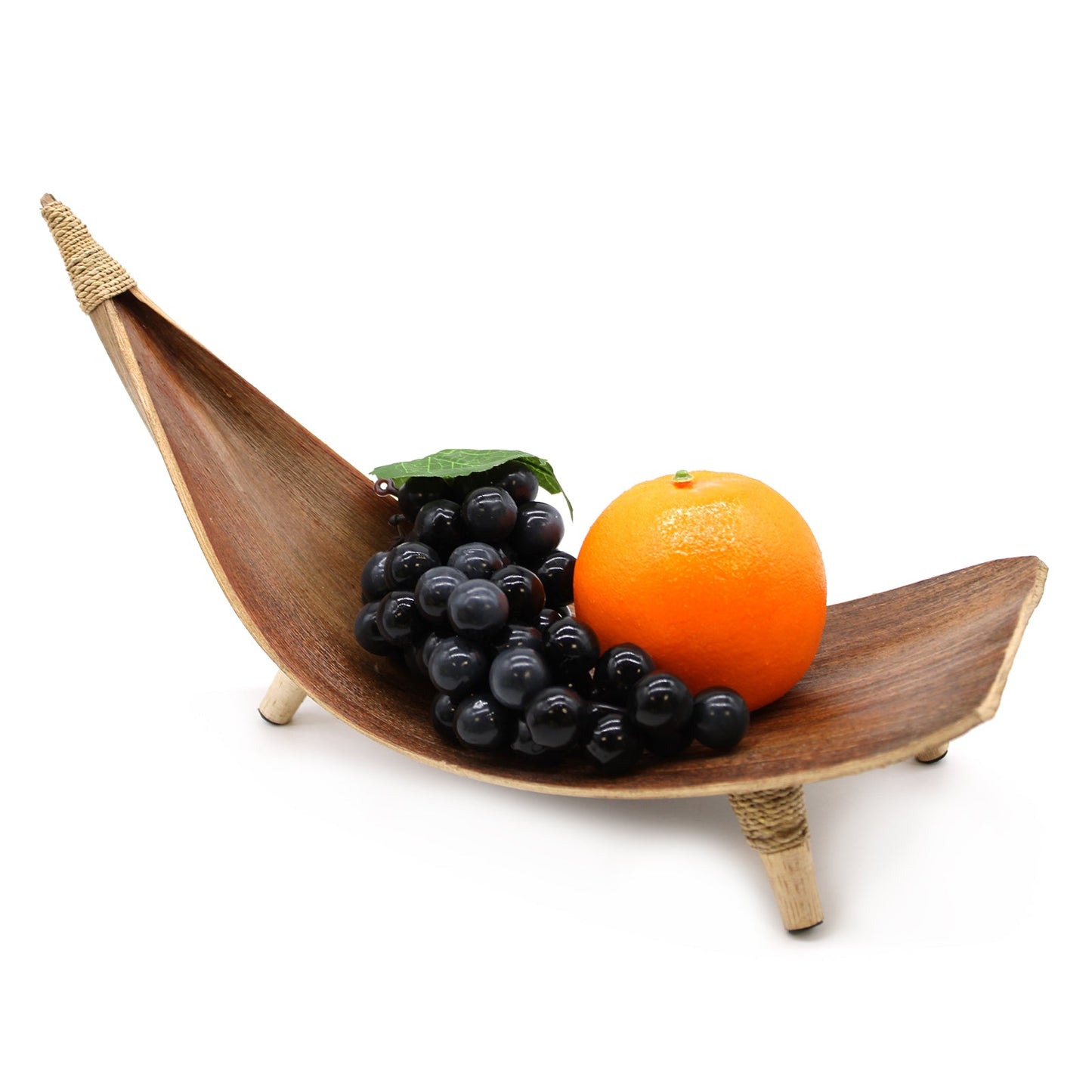 Coconut Leaf Fruit Bowl Set of 3 - Natural, one curved bowl holding dark grapes and an orange by Quintessential Holistic Health Ltd