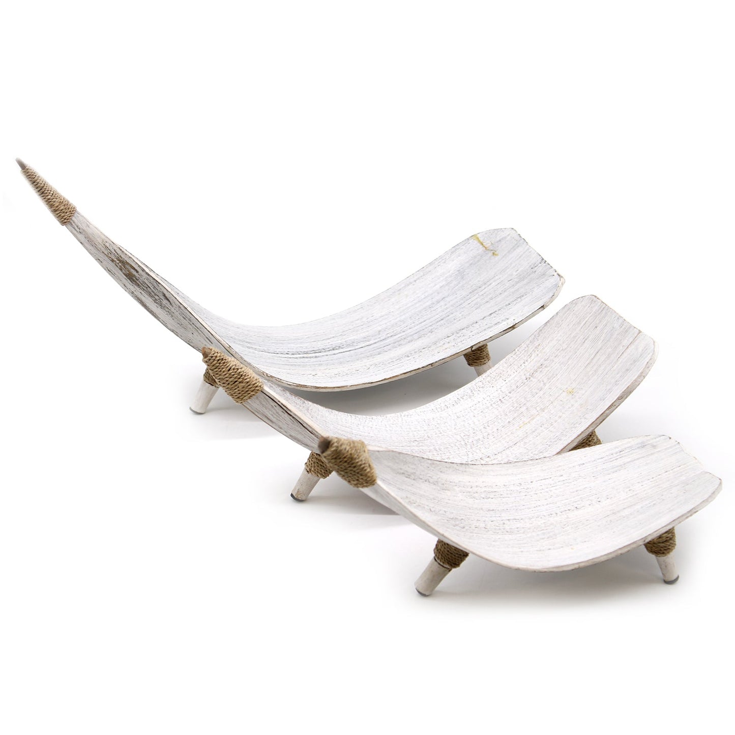 Coconut Leaf Eco-Friendly Fruit Bowl Set of 3 - Whitewash with three empty pale curved bowls arranged in a descending row by Quintessential Holistic Health Ltd