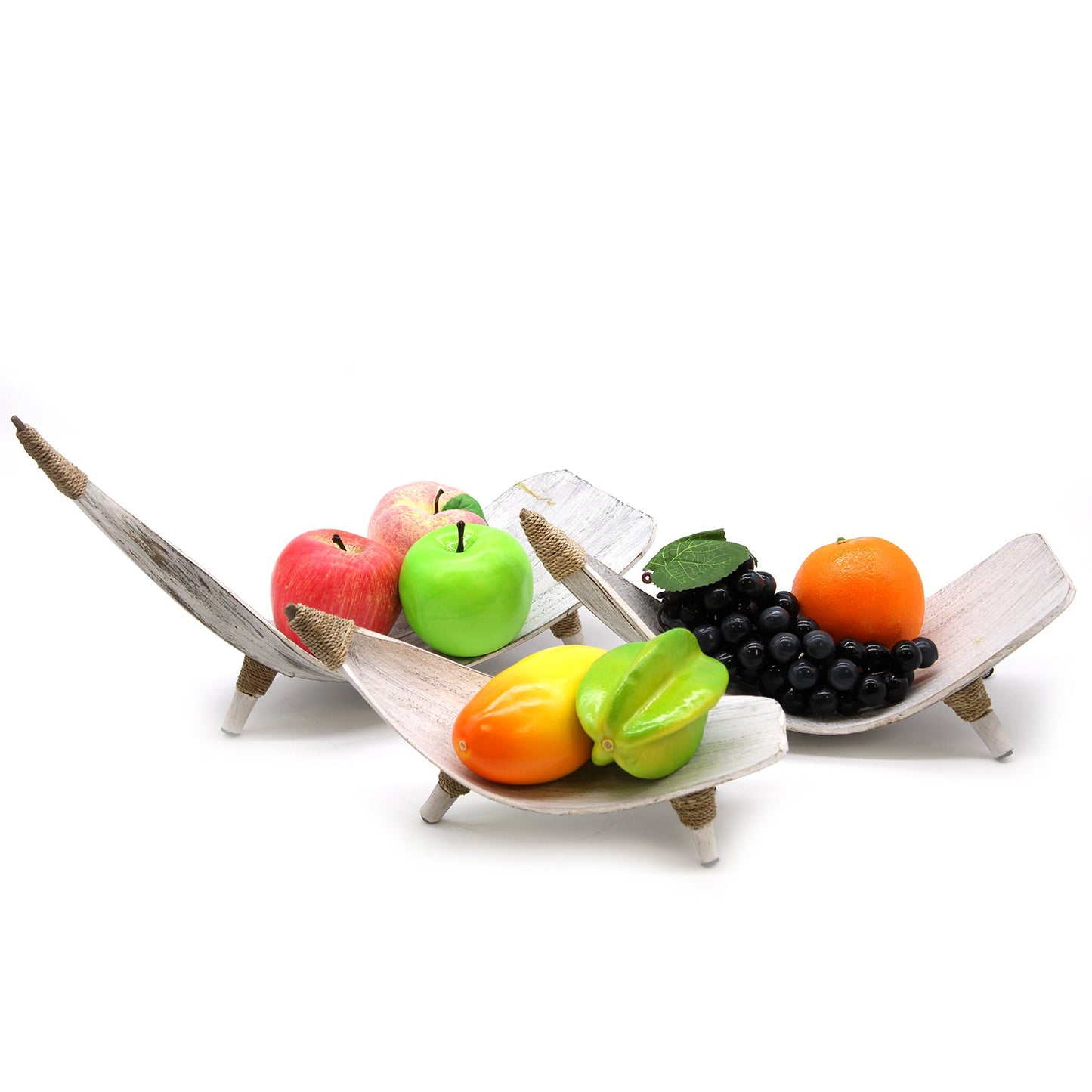 Coconut Leaf Eco-Friendly Fruit Bowl Set of 3 - Whitewash with three overlapping pale bowls holding apples, grapes, an orange and starfruit by Quintessential Holistic Health Ltd