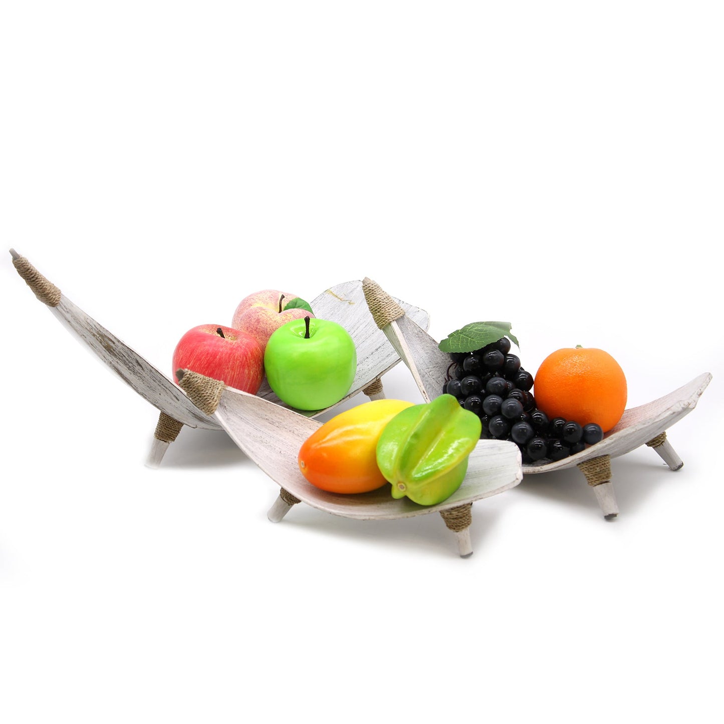 Coconut Leaf Eco-Friendly Fruit Bowl Set of 3 - Whitewash with three pale curved bowls displaying apples, grapes, an orange and starfruit by Quintessential Holistic Health Ltd