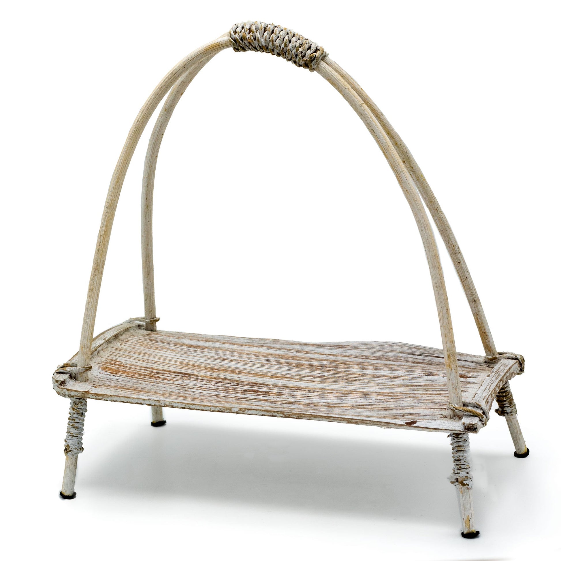 Coconut Leaf Tea Stand - Whitewash, rectangular woven platform with four short legs and twin arched supports by Quintessential Holistic Health Ltd