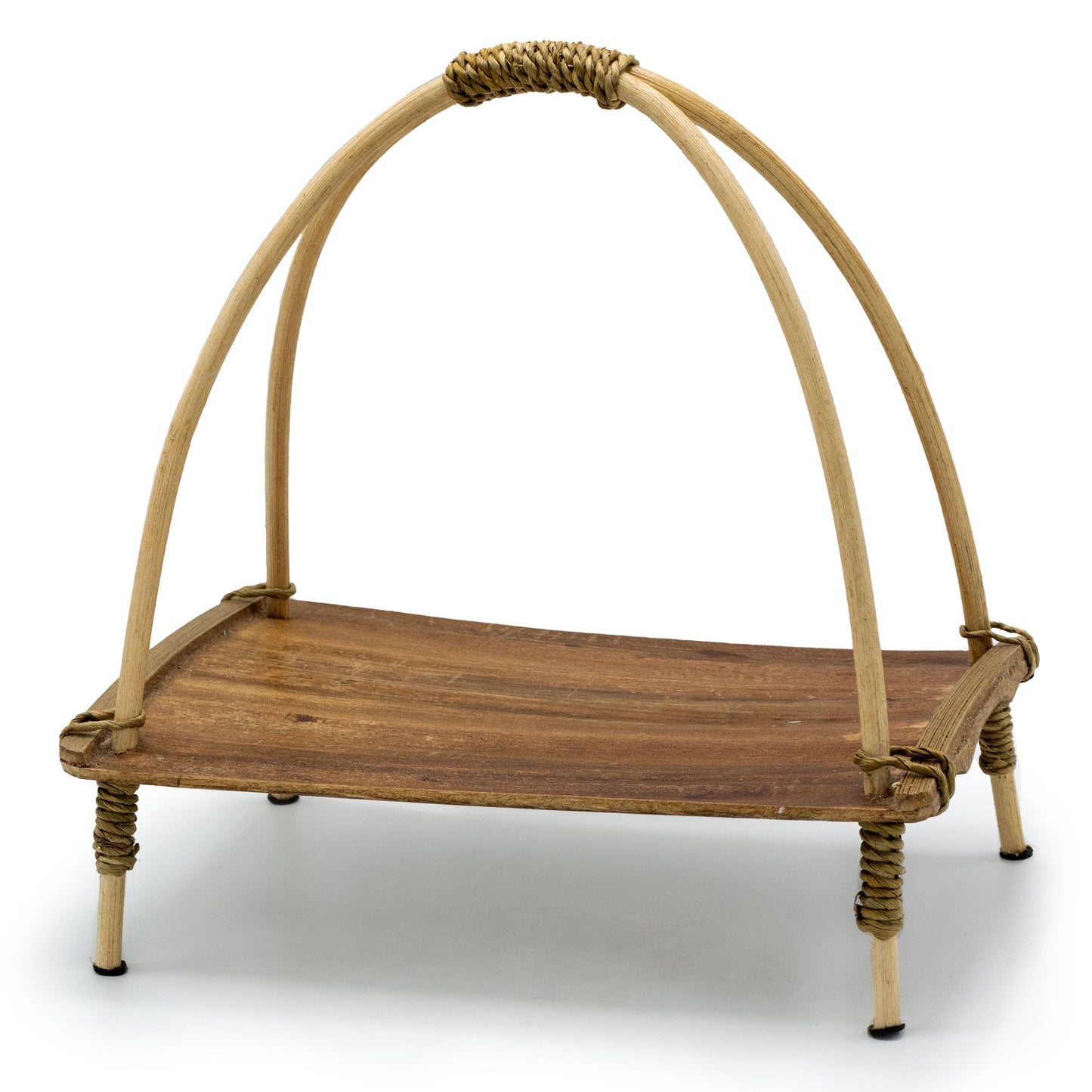 Coconut Leaf Tea Stand - Natural with a brown rectangular platform, four short legs and twin arched supports by Quintessential Holistic Health Ltd
