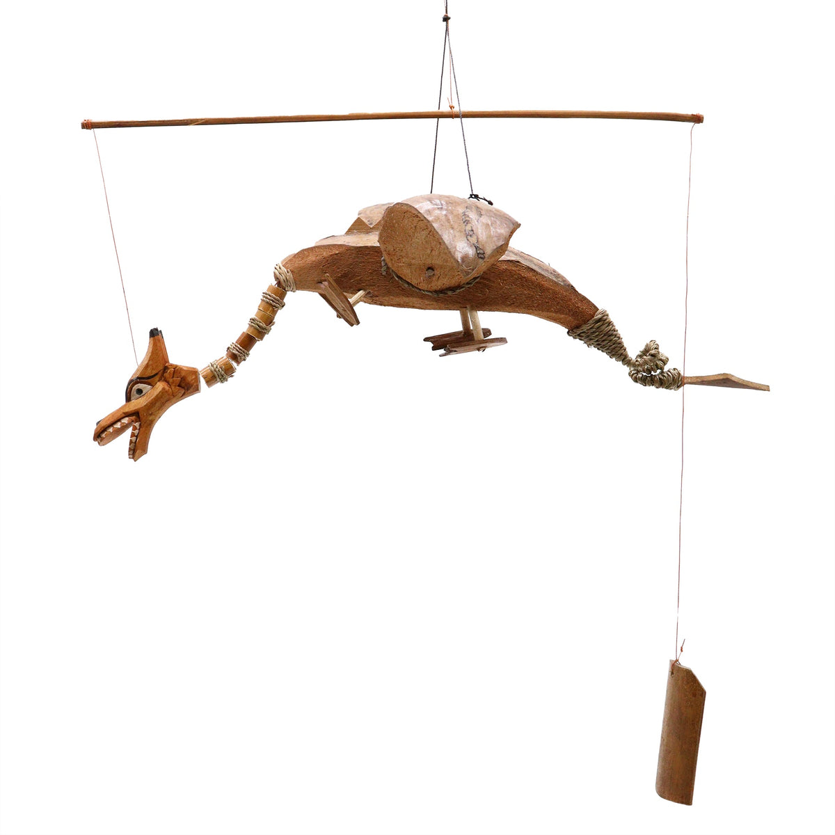 Handcrafted Coconut Shell Dragon Mobile - Natural - 37 cm showing the full hanging dragon, balance rod, cords and suspended wooden piece by Quintessential Holistic Health Ltd