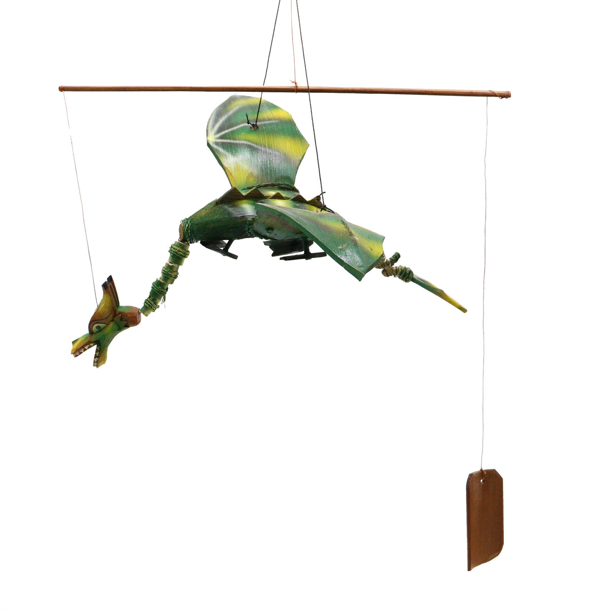 Handcrafted Green Coconut Shell Dragon Mobile - 37cm with a hanging green dragon, wooden crossbar and rectangular weight by Quintessential Holistic Health Ltd