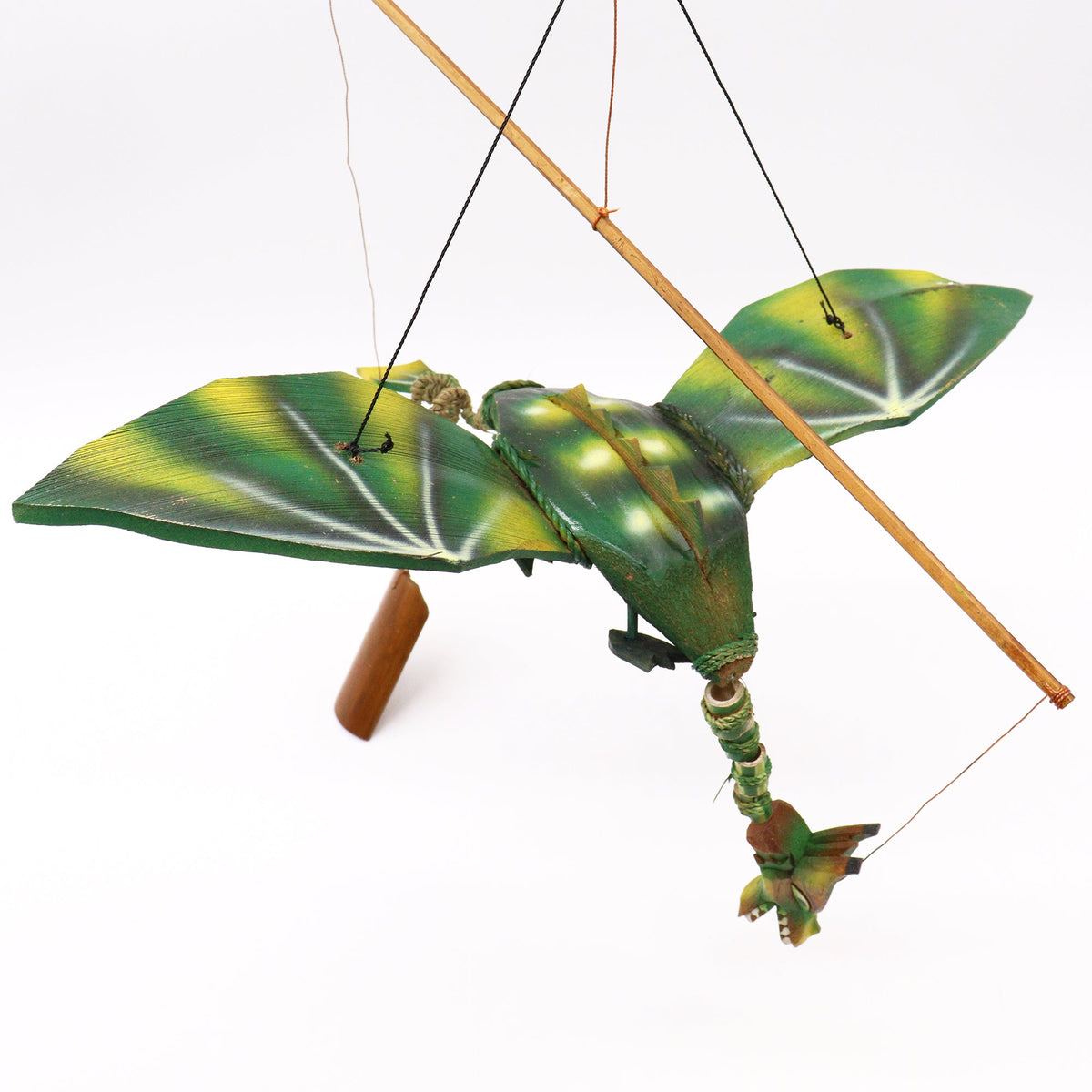 Handcrafted Green Coconut Shell Dragon Mobile - 37cm with striped outstretched wings and suspended wooden rods by Quintessential Holistic Health Ltd