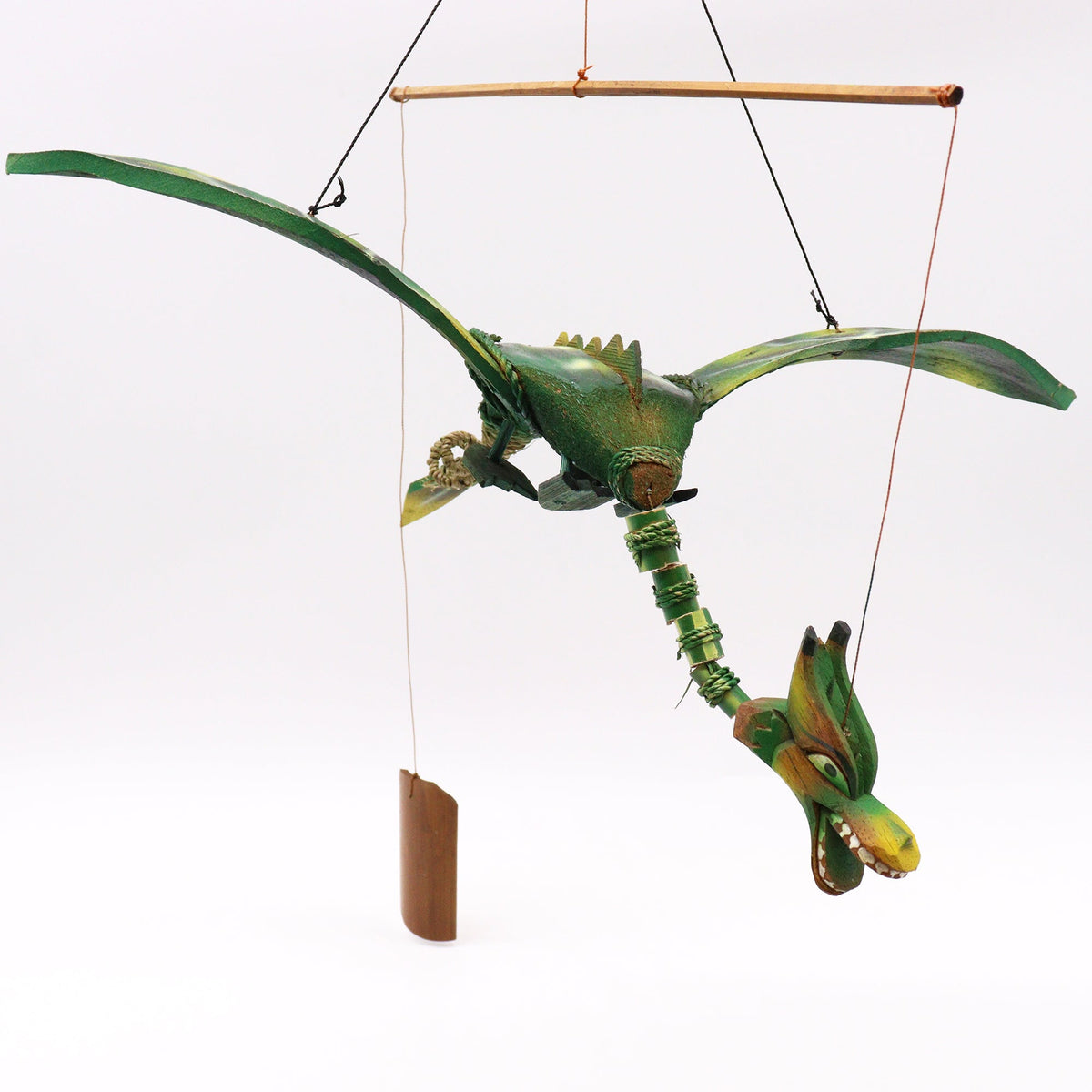 Handcrafted Green Coconut Shell Dragon Mobile - 37cm with spread wings, jointed body and dangling rectangular weight by Quintessential Holistic Health Ltd
