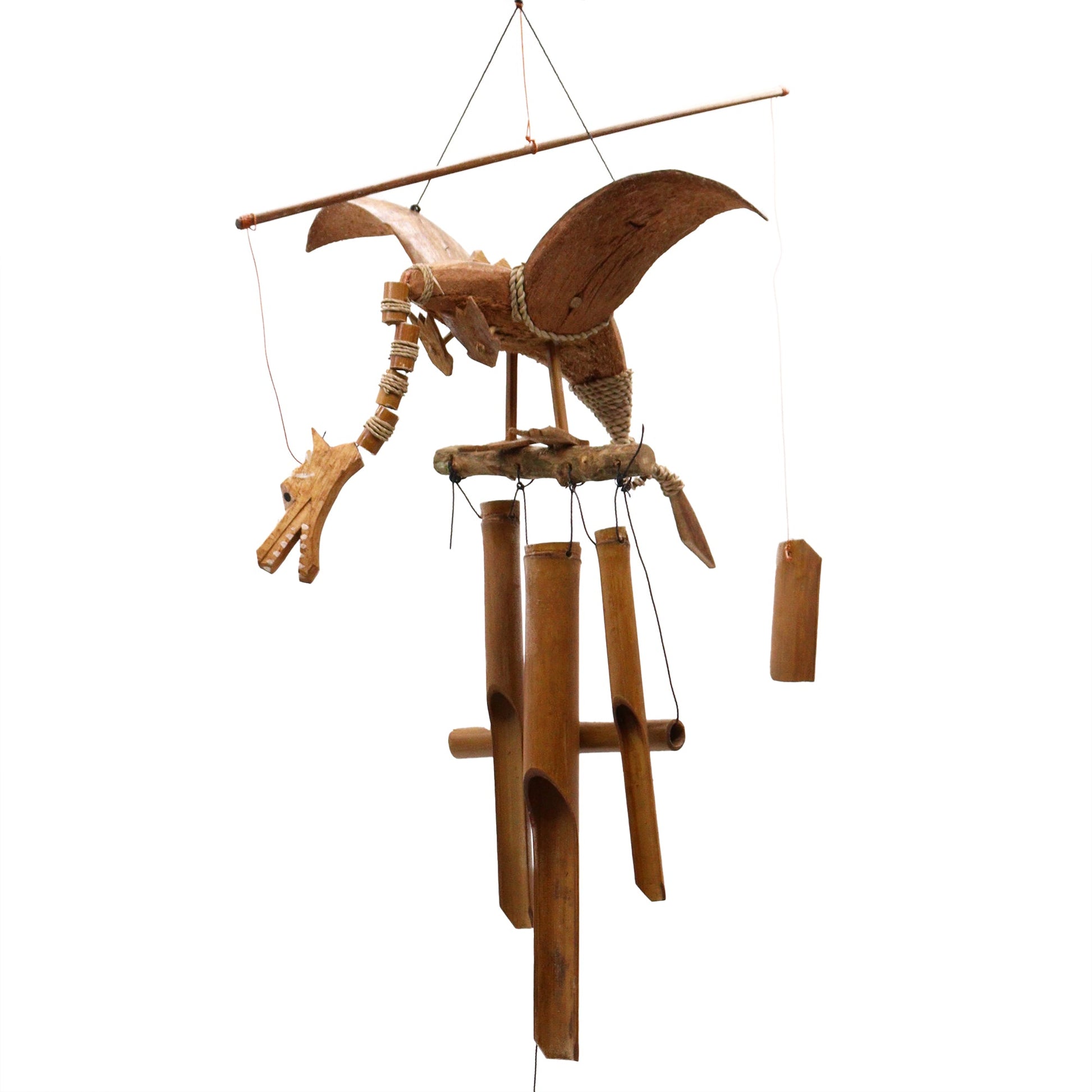 Handcrafted Coconut Shell Wind Chime - Dragon, winged dragon suspended above multiple brown chimes by Quintessential Holistic Health Ltd
