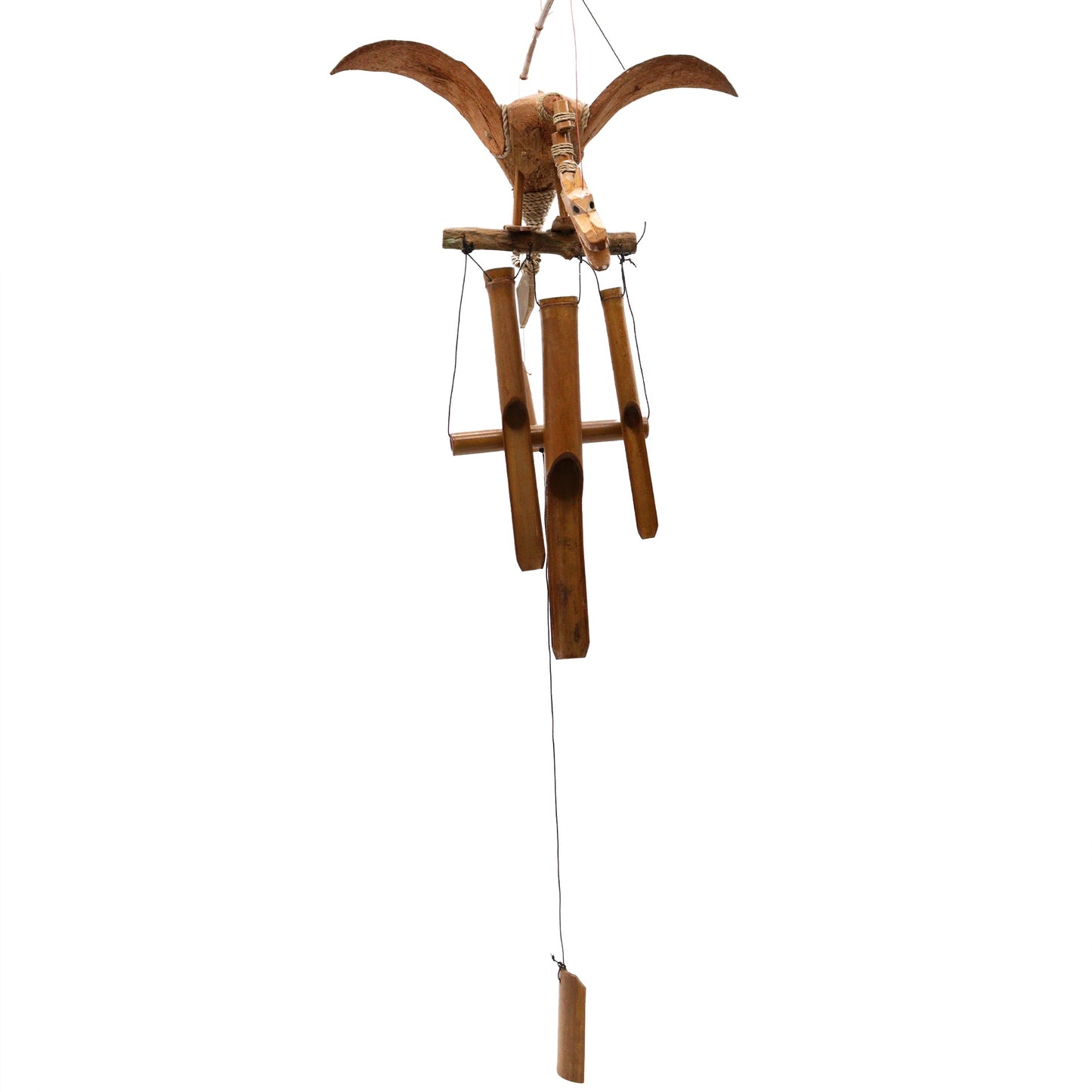 Handcrafted Coconut Shell Wind Chime - Dragon, hanging winged dragon above tubular chimes and a suspended clapper by Quintessential Holistic Health Ltd
