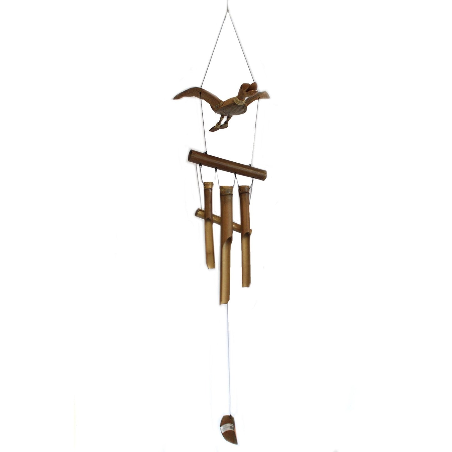 Handcrafted Coconut Shell and Bamboo Wind Chime - Duck, complete hanging duck ornament above four bamboo tubes by Quintessential Holistic Health Ltd