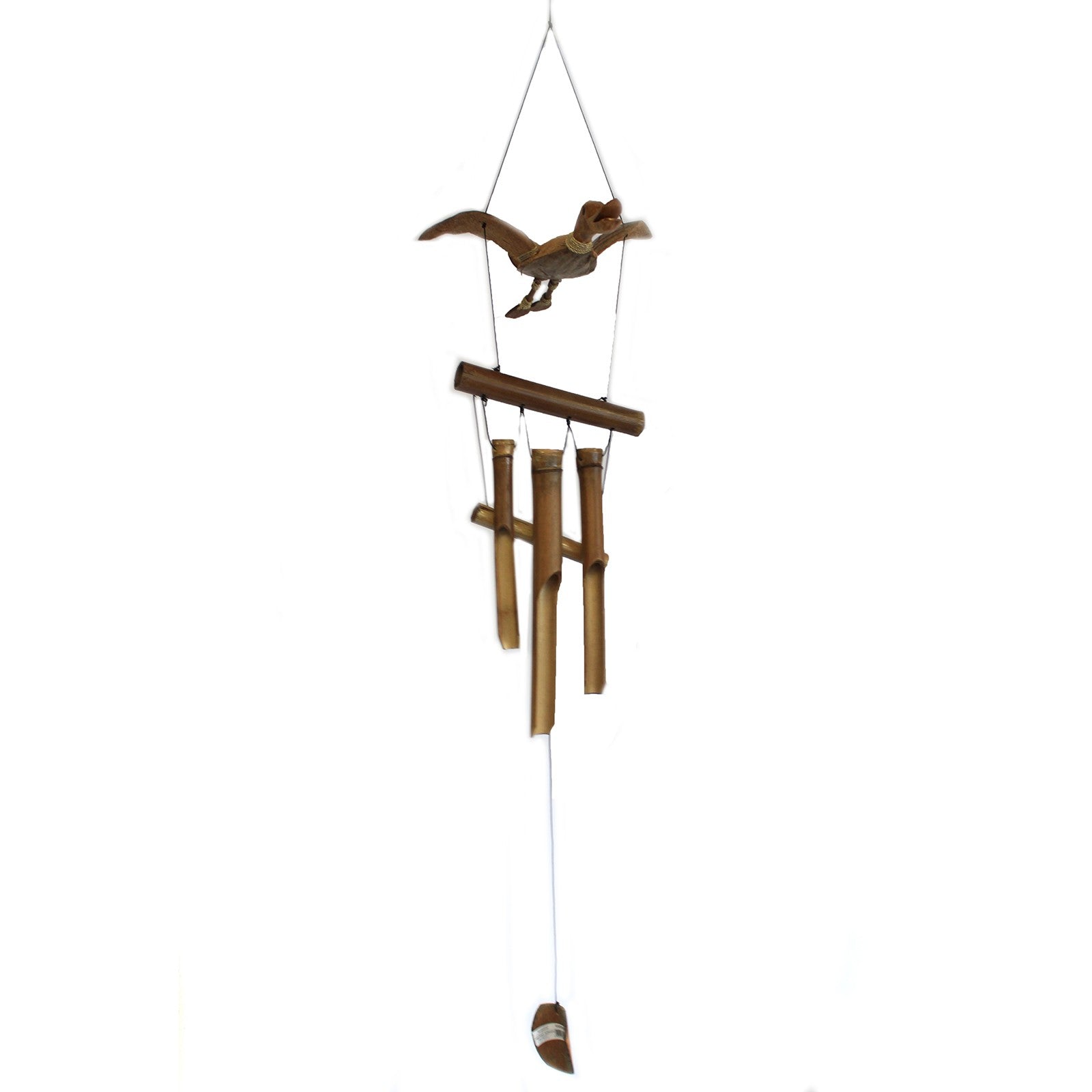 Handcrafted Coconut Shell and Bamboo Wind Chime - Duck, complete hanging duck ornament above four bamboo tubes by Quintessential Holistic Health Ltd