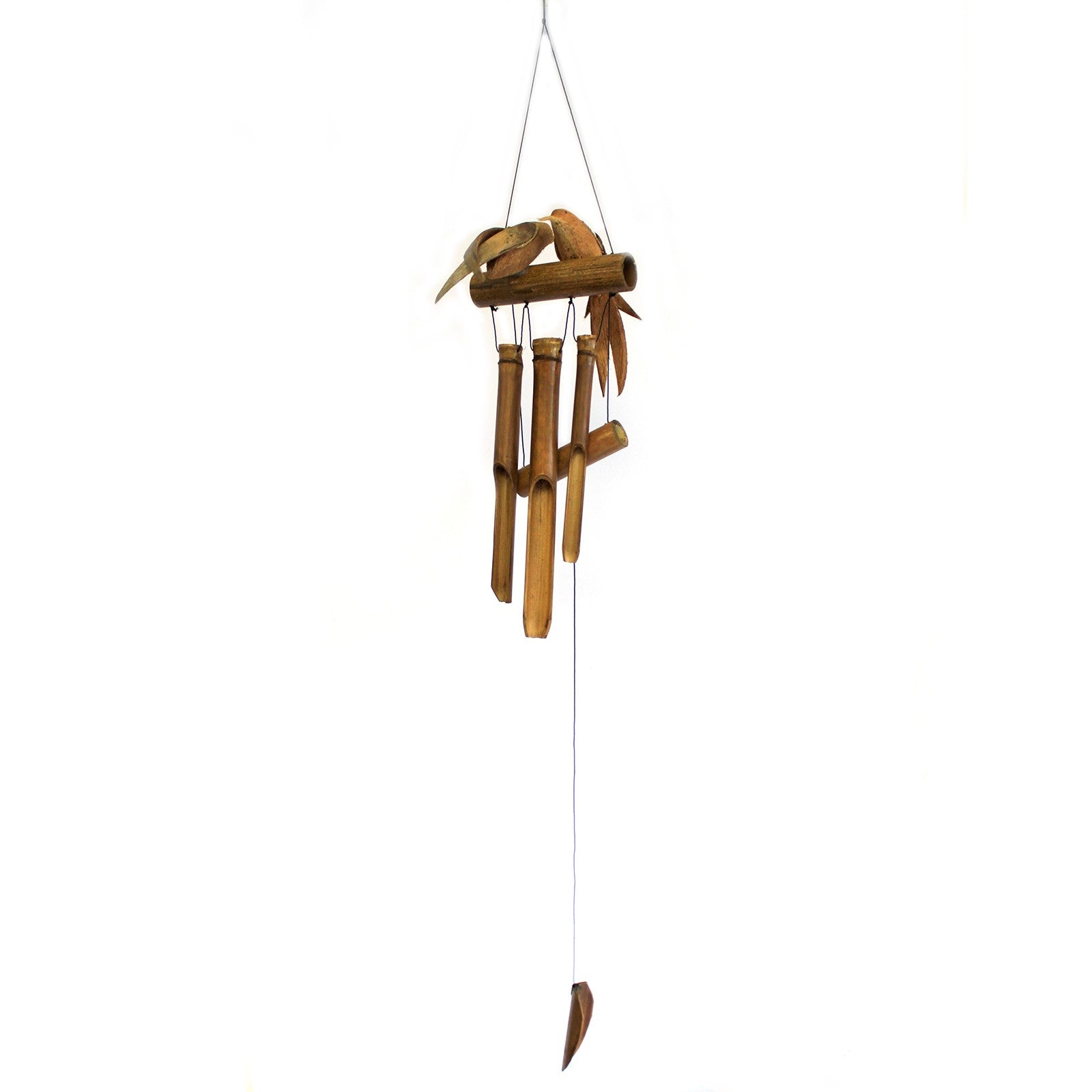 Handcrafted Coconut Shell and Bamboo Wind Chime - Love Birds with two birds above hanging brown tubes by Quintessential Holistic Health Ltd
