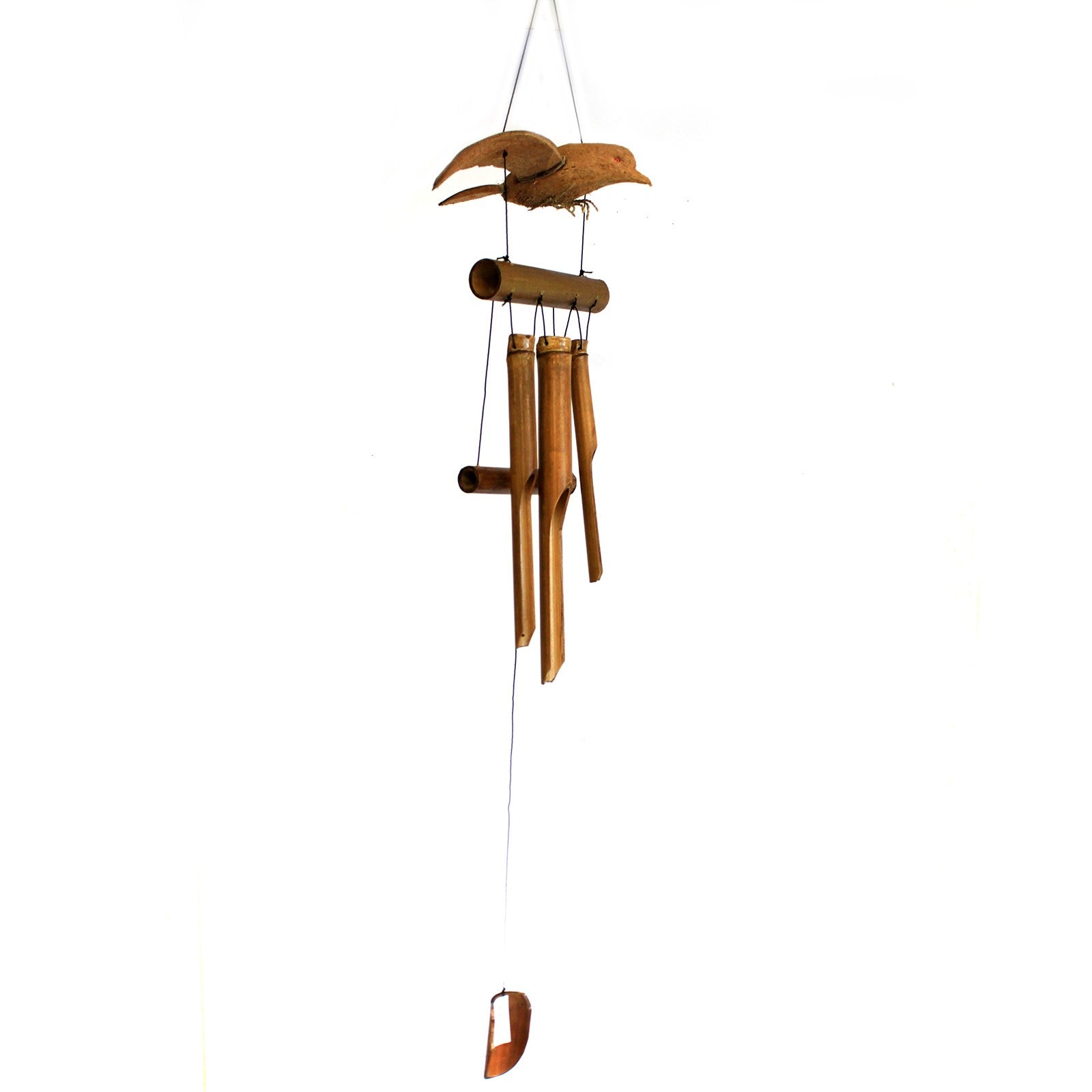 Handcrafted Coconut Shell and Bamboo Wind Chime - Blackbird, small hanging bird above several slender chimes by Quintessential Holistic Health Ltd