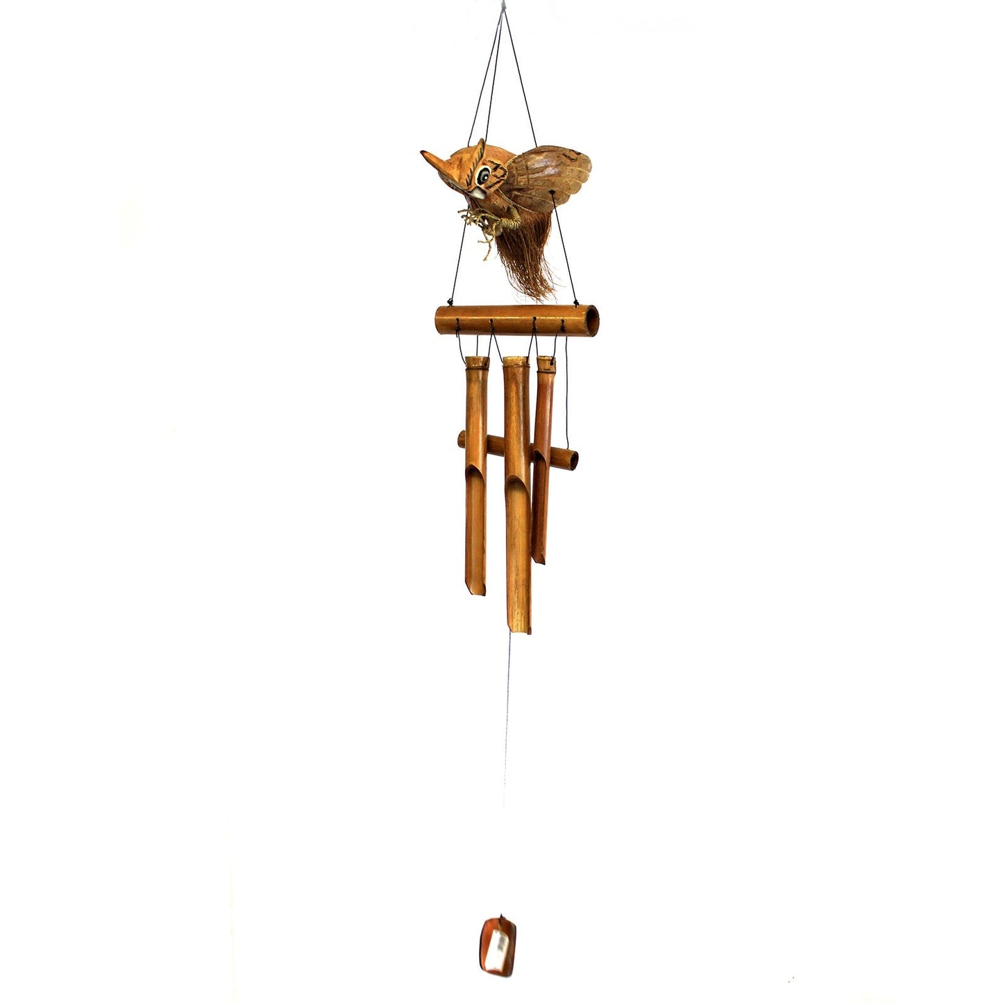 Handcrafted Coconut Shell and Bamboo Wind Chime - Owl with a small winged owl above hanging brown tubes by Quintessential Holistic Health Ltd