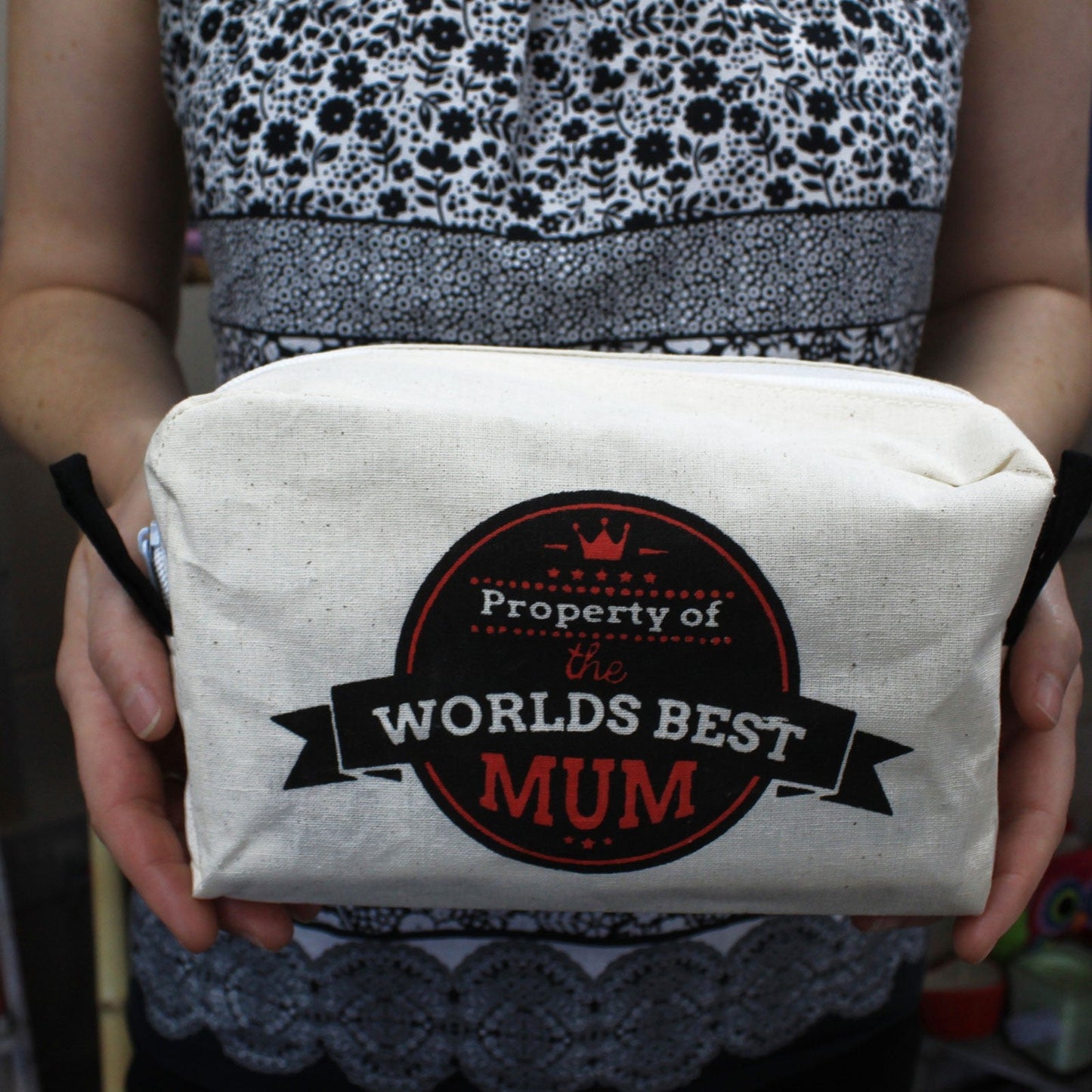 Natural Cotton Toiletry Bag - Worlds Best Mum product packaging on clean background from Quintessential Holistic Health Ltd