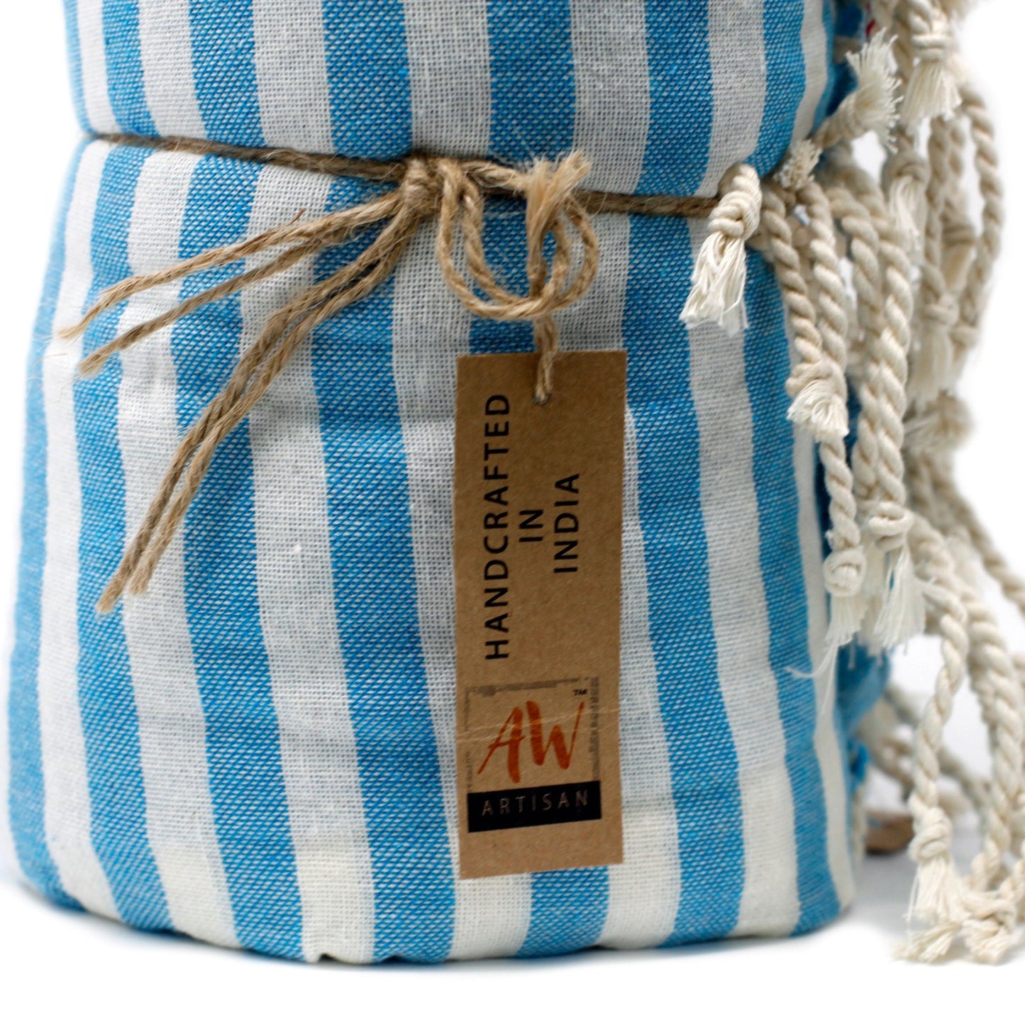 Handcrafted Cotton Pareo Towel, Wrap or Shawl - Sky Blue and White Stripes product packaging on clean background from Quintessential Holistic Health Ltd