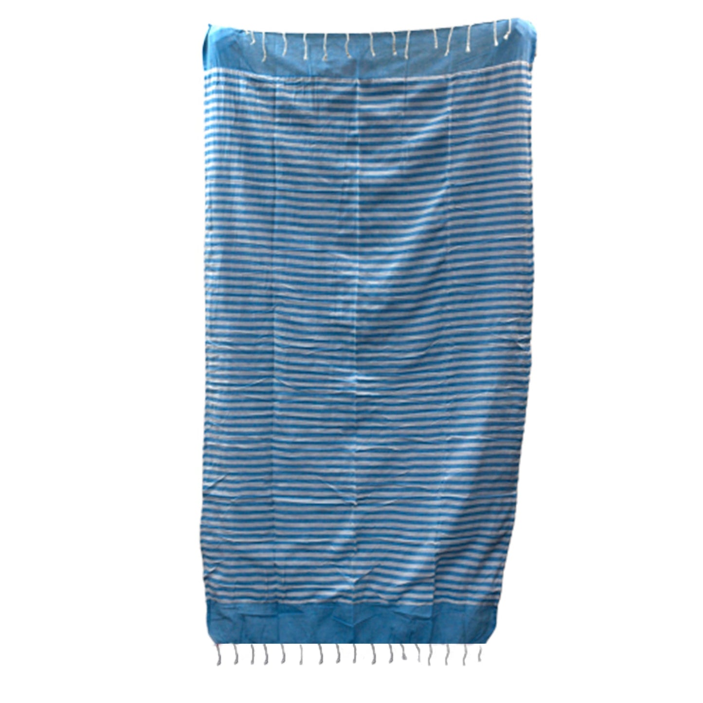 Handcrafted Cotton Pareo Towel, Wrap or Shawl - Sky Blue and White Stripes product packaging on clean background from Quintessential Holistic Health Ltd