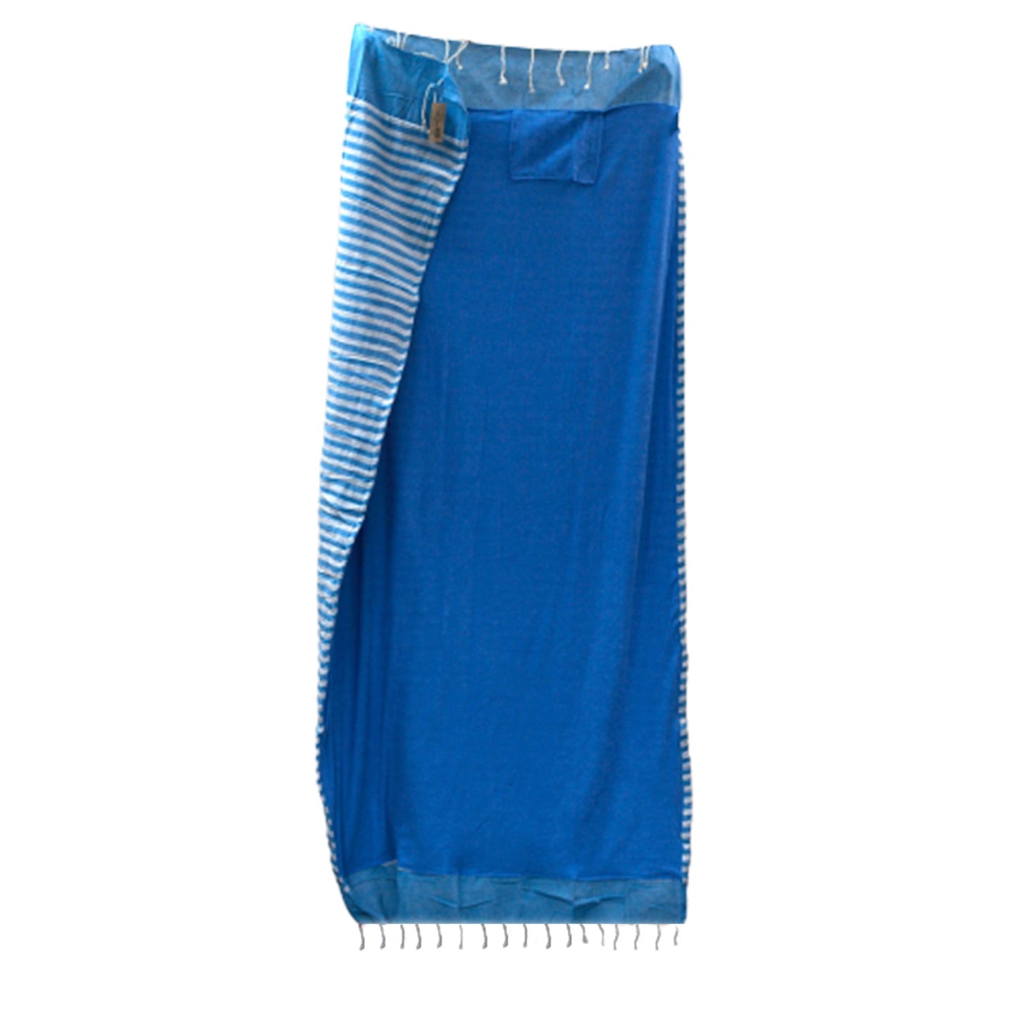 Handcrafted Cotton Pareo Towel, Wrap or Shawl - Sky Blue and White Stripes product packaging on clean background from Quintessential Holistic Health Ltd