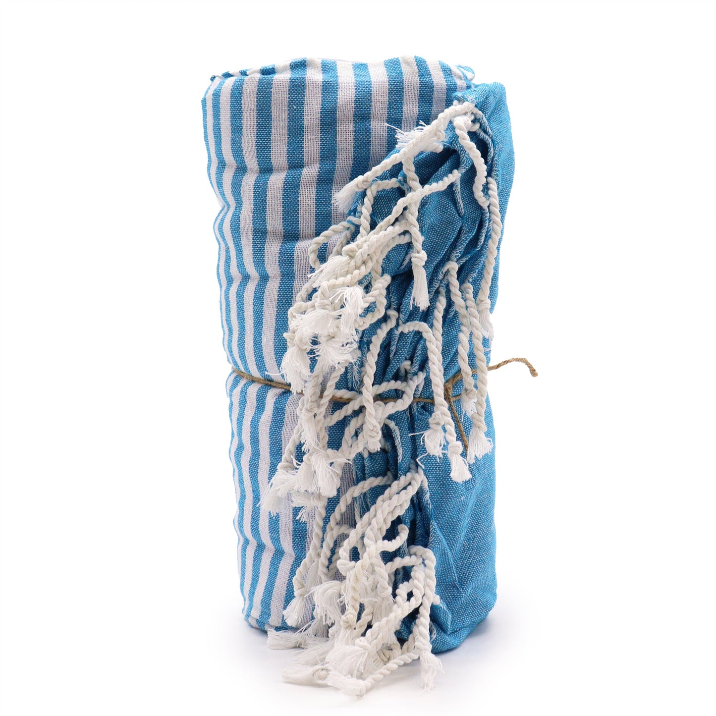 Handcrafted Cotton Pareo Towel, Wrap or Shawl - Sky Blue and White Stripes product packaging on clean background from Quintessential Holistic Health Ltd