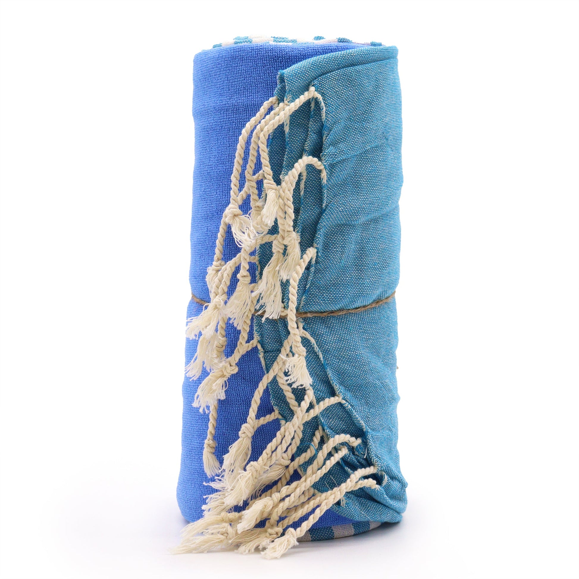 Handcrafted Cotton Pareo Towel, Wrap or Shawl - Sky Blue and White Stripes product packaging on clean background from Quintessential Holistic Health Ltd