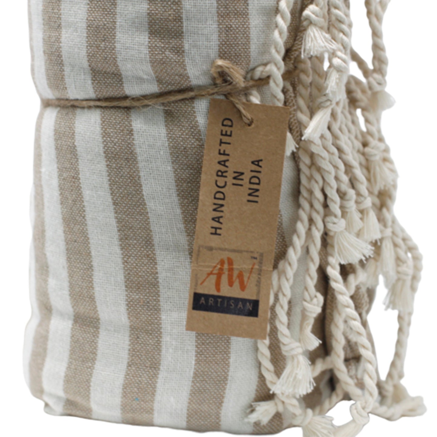 Handcrafted Cotton Pareo Towel, Wrap or Shawl - Warm Sand and White Stripes product packaging on clean background from Quintessential Holistic Health Ltd