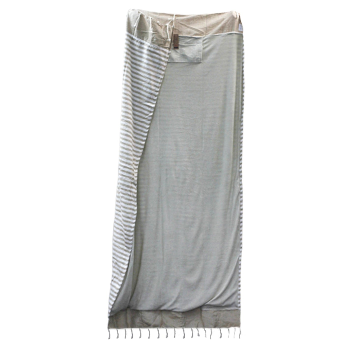 Handcrafted Cotton Pareo Towel, Wrap or Shawl - Warm Sand and White Stripes product packaging on clean background from Quintessential Holistic Health Ltd