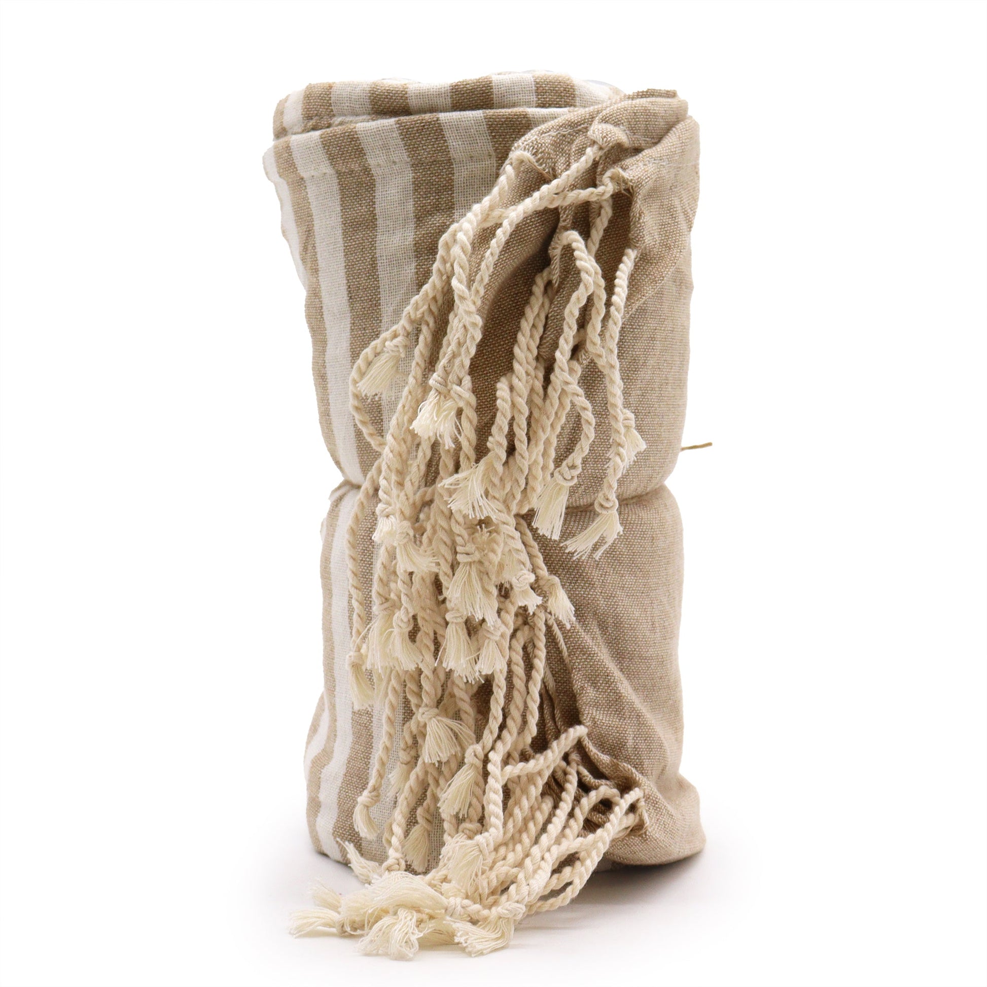 Handcrafted Cotton Pareo Towel, Wrap or Shawl - Warm Sand and White Stripes product packaging on clean background from Quintessential Holistic Health Ltd