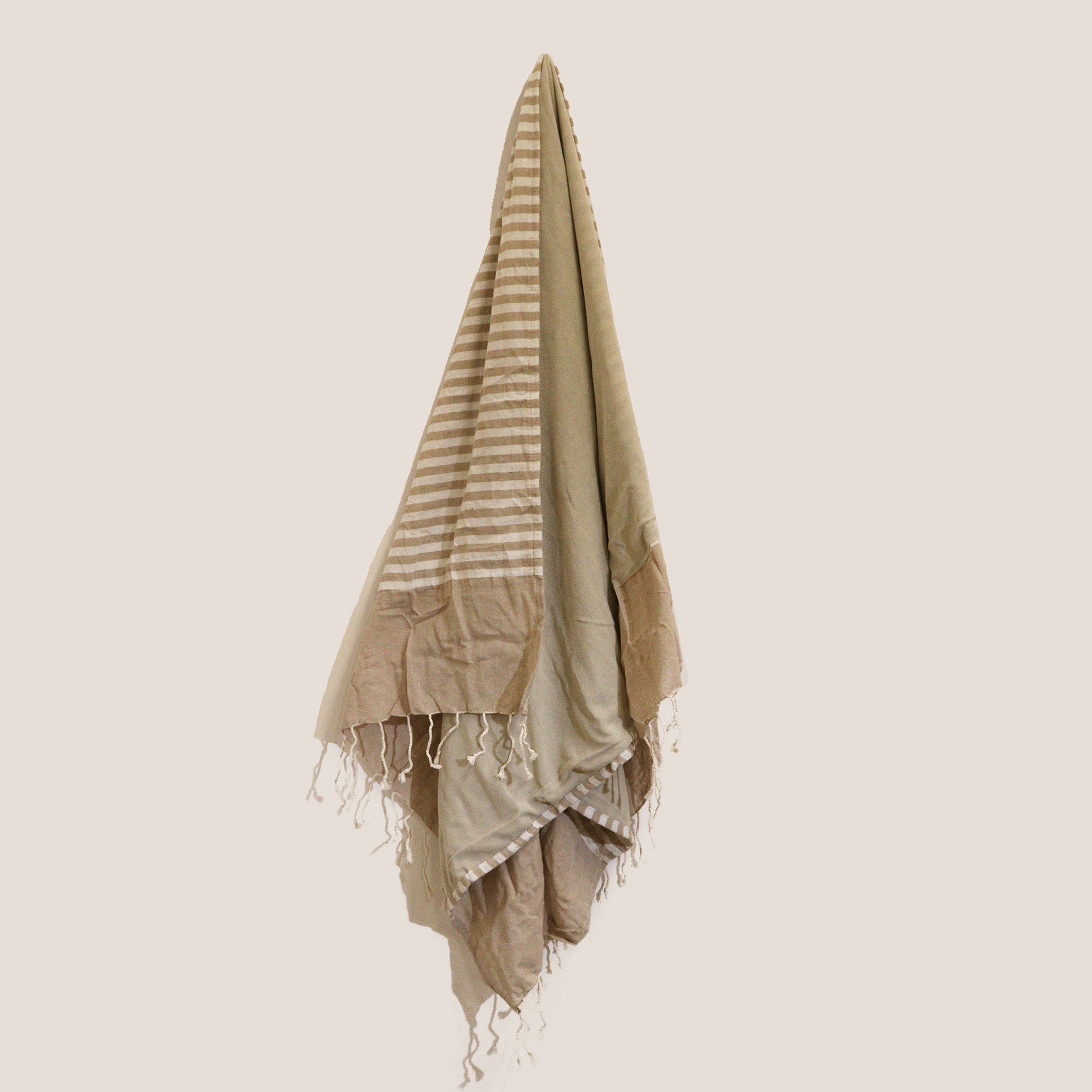 Handcrafted Cotton Pareo Towel, Wrap or Shawl - Warm Sand and White Stripes product packaging on clean background from Quintessential Holistic Health Ltd