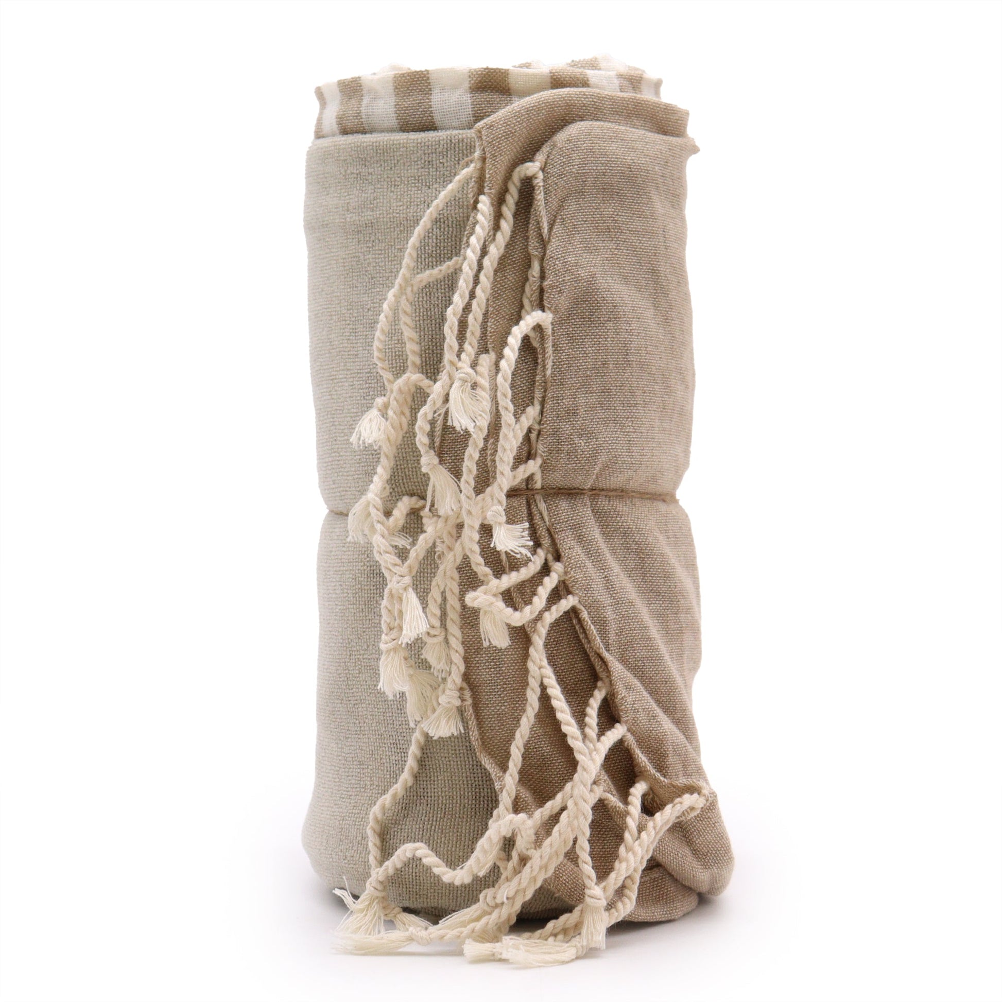 Handcrafted Cotton Pareo Towel, Wrap or Shawl - Warm Sand and White Stripes product packaging on clean background from Quintessential Holistic Health Ltd