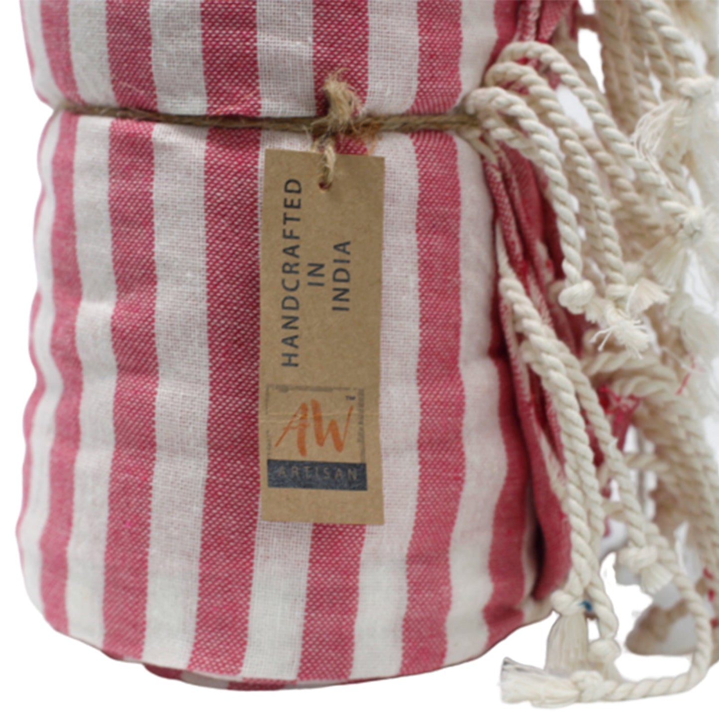 Handcrafted Cotton Pareo Towel, Wrap or Shawl - Hot Pink and White Stripes product packaging on clean background from Quintessential Holistic Health Ltd
