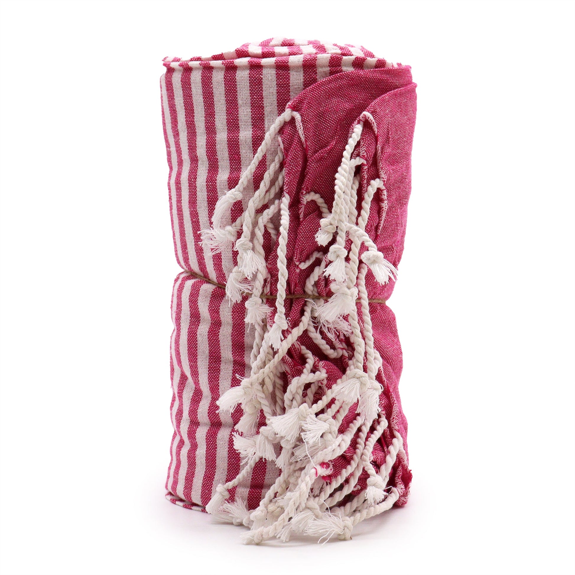 Handcrafted Cotton Pareo Towel, Wrap or Shawl - Hot Pink and White Stripes product packaging on clean background from Quintessential Holistic Health Ltd