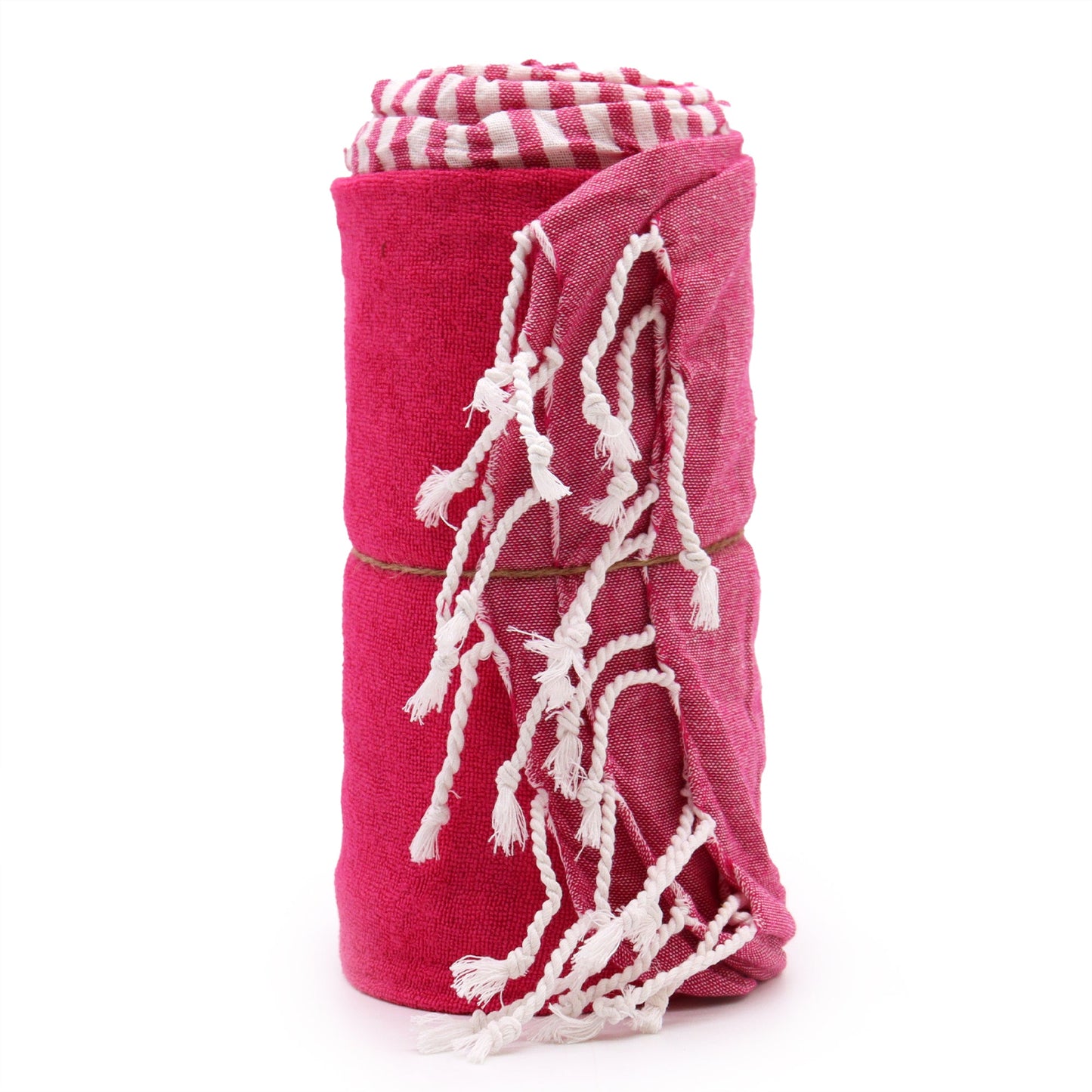 Handcrafted Cotton Pareo Towel, Wrap or Shawl - Hot Pink and White Stripes product packaging on clean background from Quintessential Holistic Health Ltd