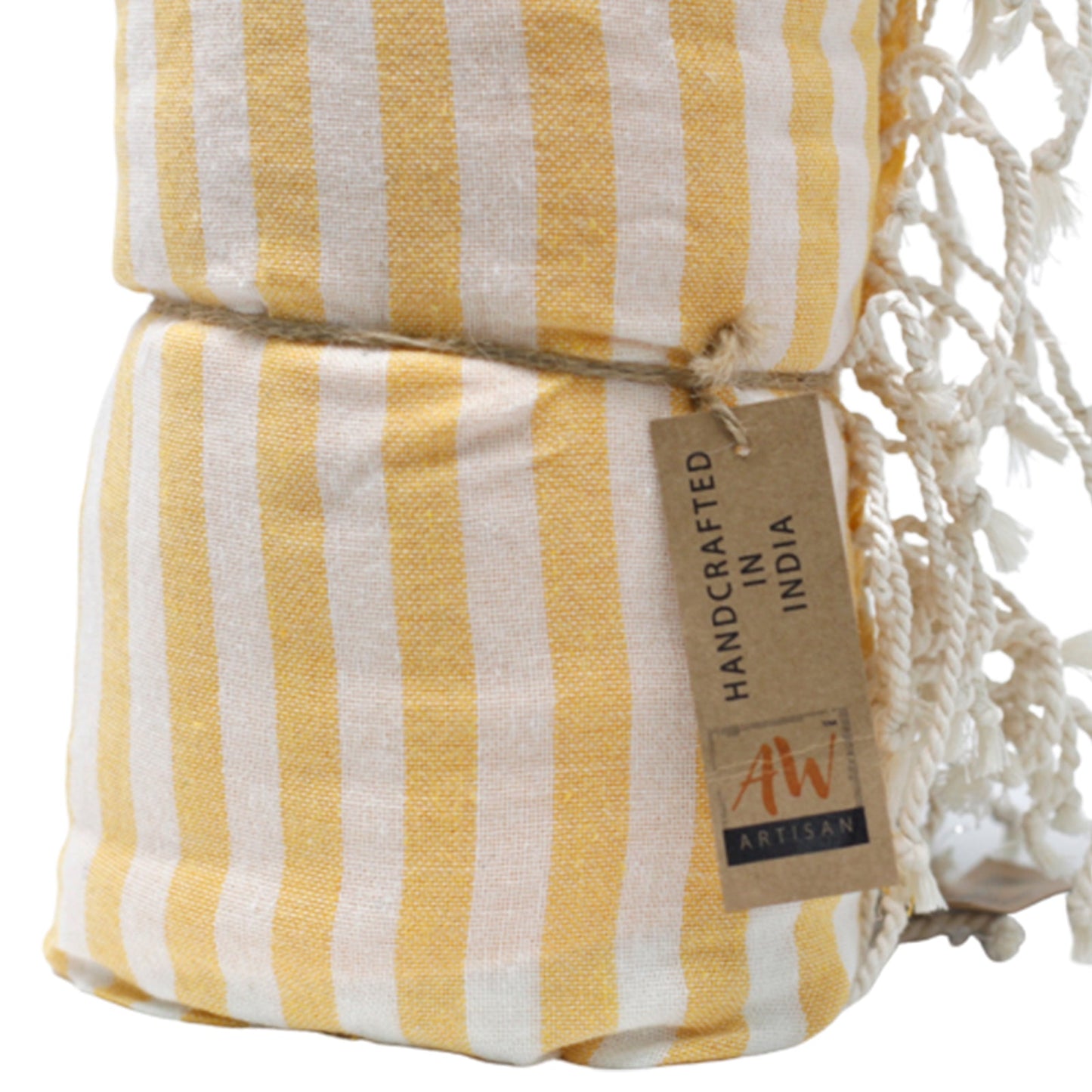 Handcrafted Cotton Pareo Towel, Wrap or Shawl - Sunny Yellow and White Stripes product packaging on clean background from Quintessential Holistic Health Ltd