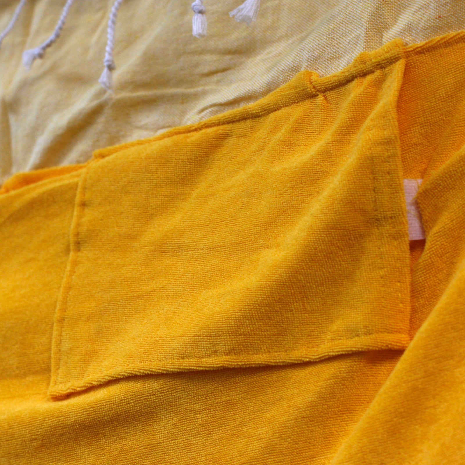 Handcrafted Cotton Pareo Towel, Wrap or Shawl - Sunny Yellow and White Stripes product packaging on clean background from Quintessential Holistic Health Ltd