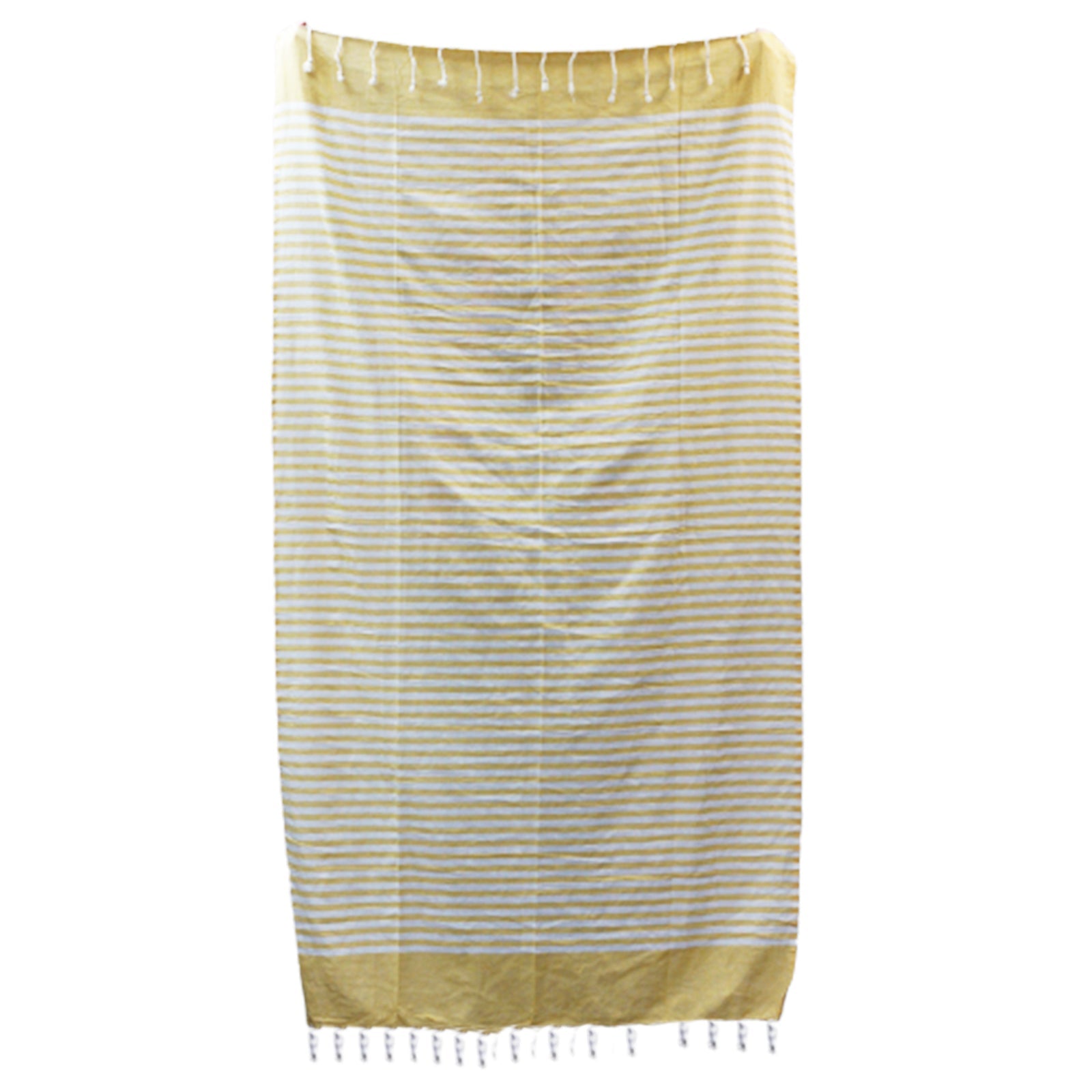 Handcrafted Cotton Pareo Towel, Wrap or Shawl - Sunny Yellow and White Stripes product packaging on clean background from Quintessential Holistic Health Ltd