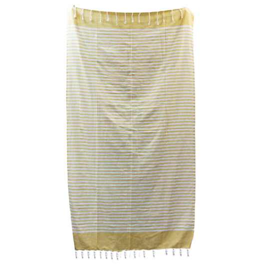 Handcrafted Cotton Pareo Towel, Wrap or Shawl - Sunny Yellow and White Stripes product packaging on clean background from Quintessential Holistic Health Ltd