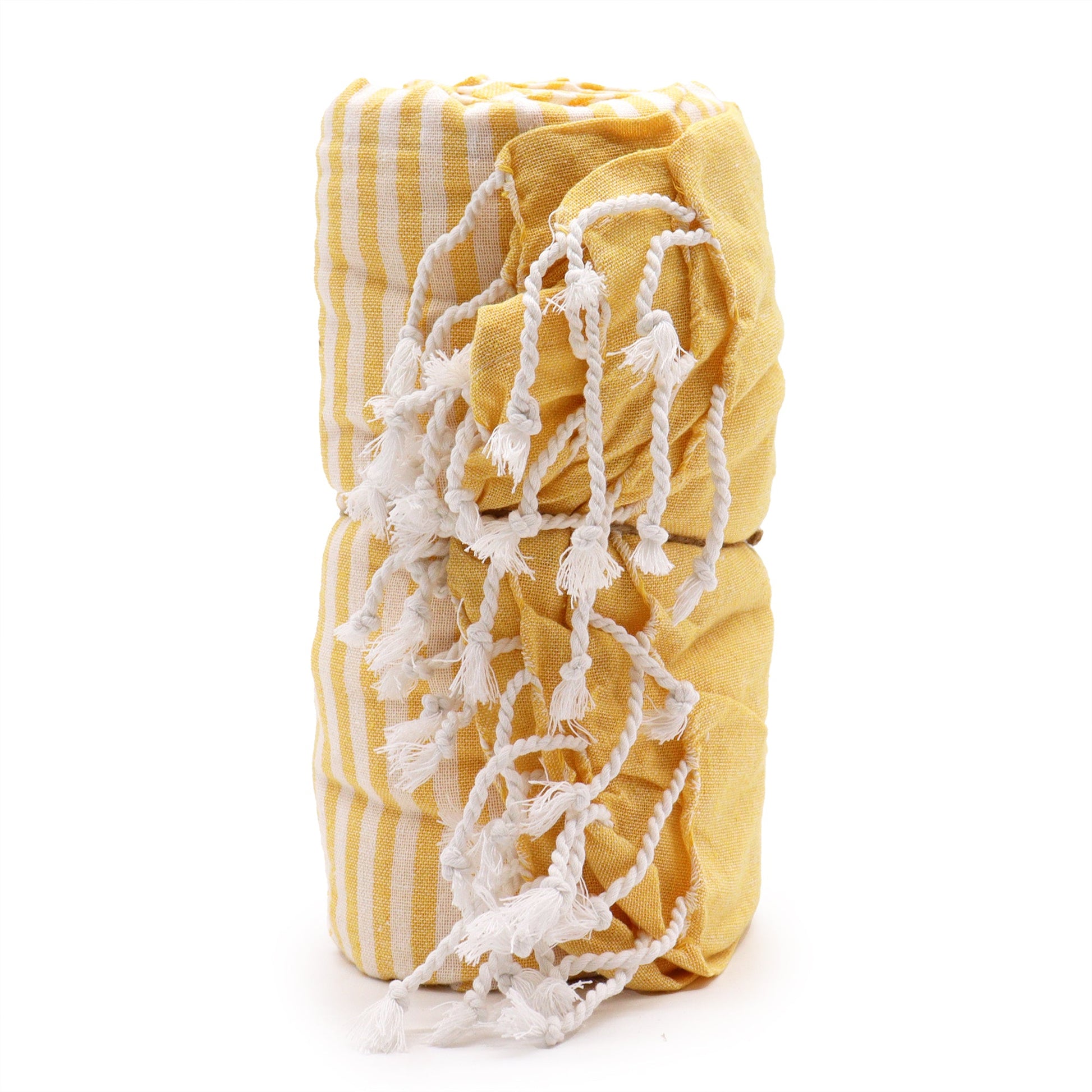 Handcrafted Cotton Pareo Towel, Wrap or Shawl - Sunny Yellow and White Stripes product packaging on clean background from Quintessential Holistic Health Ltd