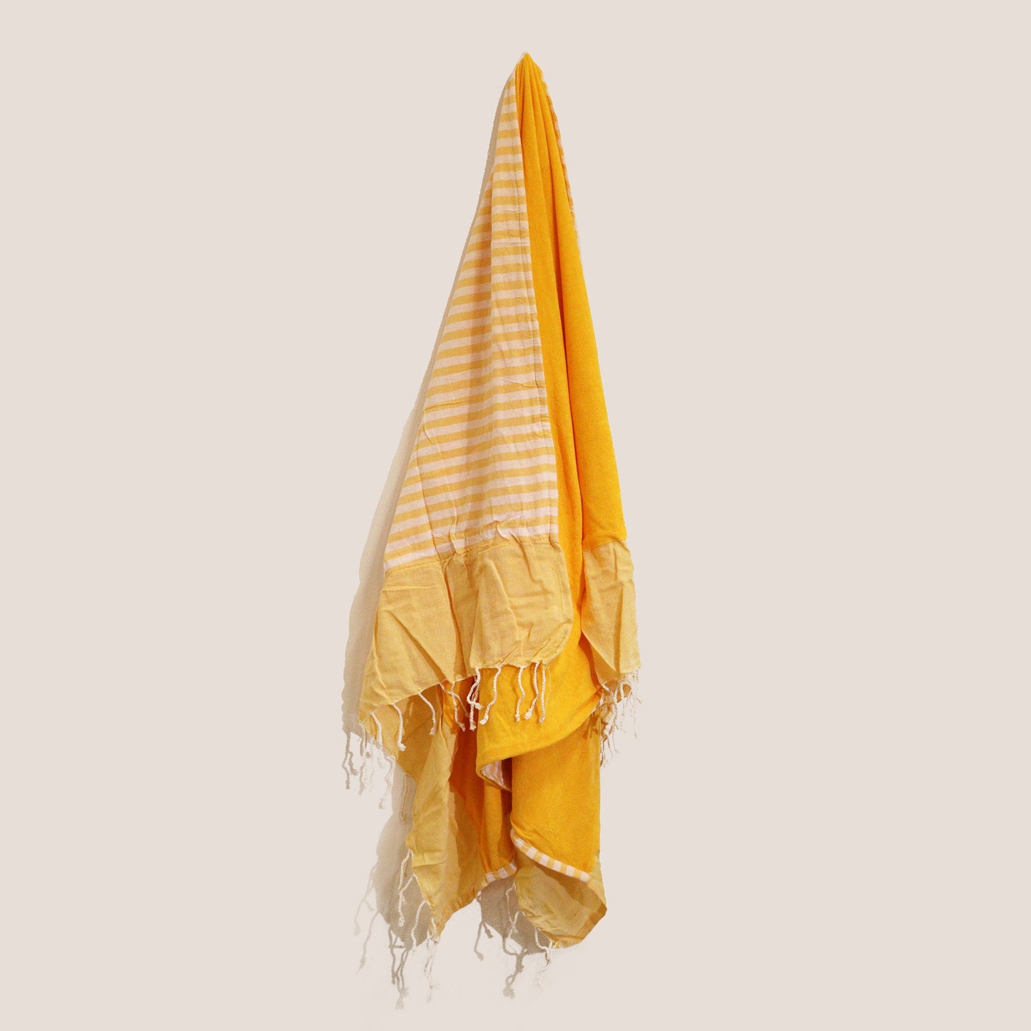 Handcrafted Cotton Pareo Towel, Wrap or Shawl - Sunny Yellow and White Stripes product packaging on clean background from Quintessential Holistic Health Ltd