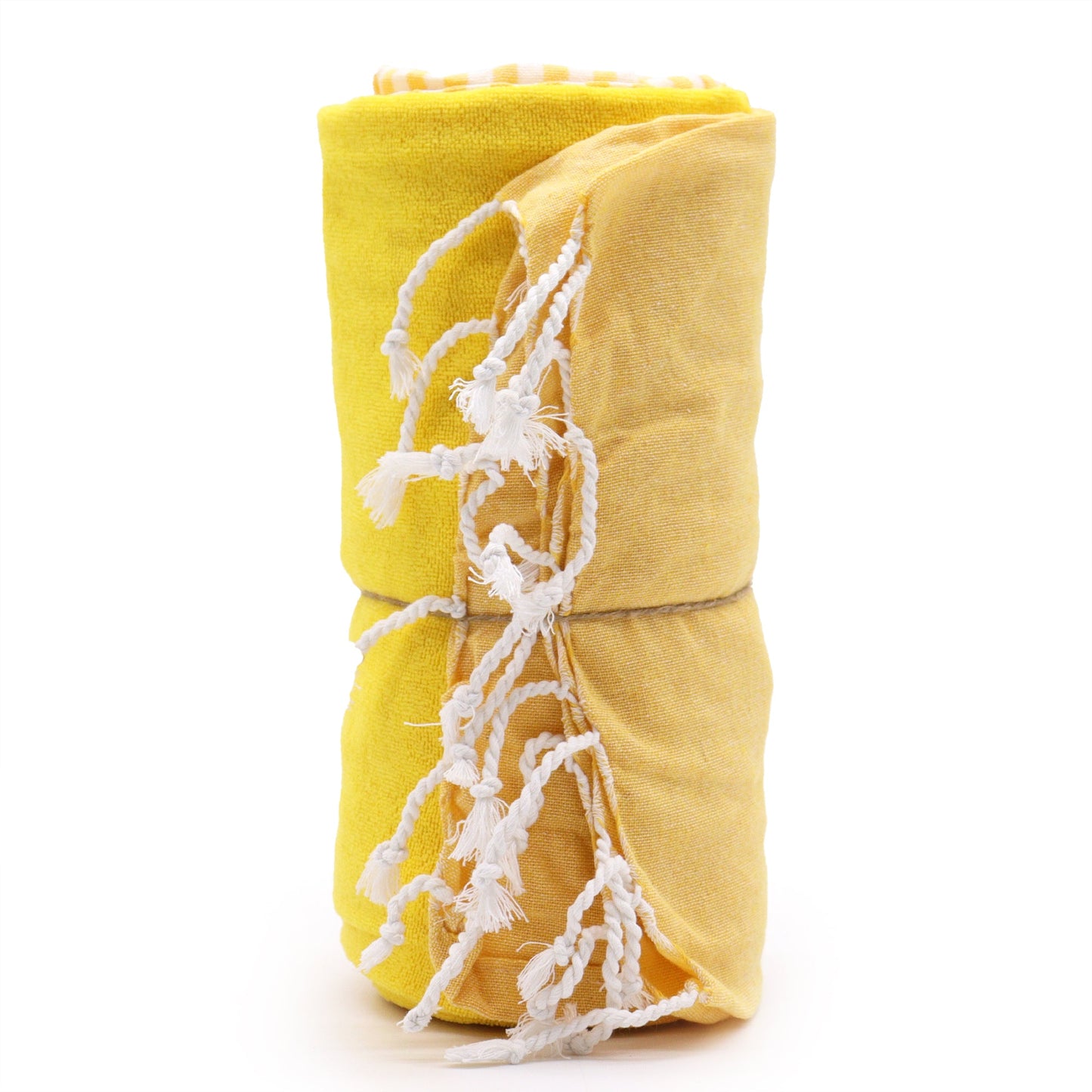 Handcrafted Cotton Pareo Towel, Wrap or Shawl - Sunny Yellow and White Stripes product packaging on clean background from Quintessential Holistic Health Ltd