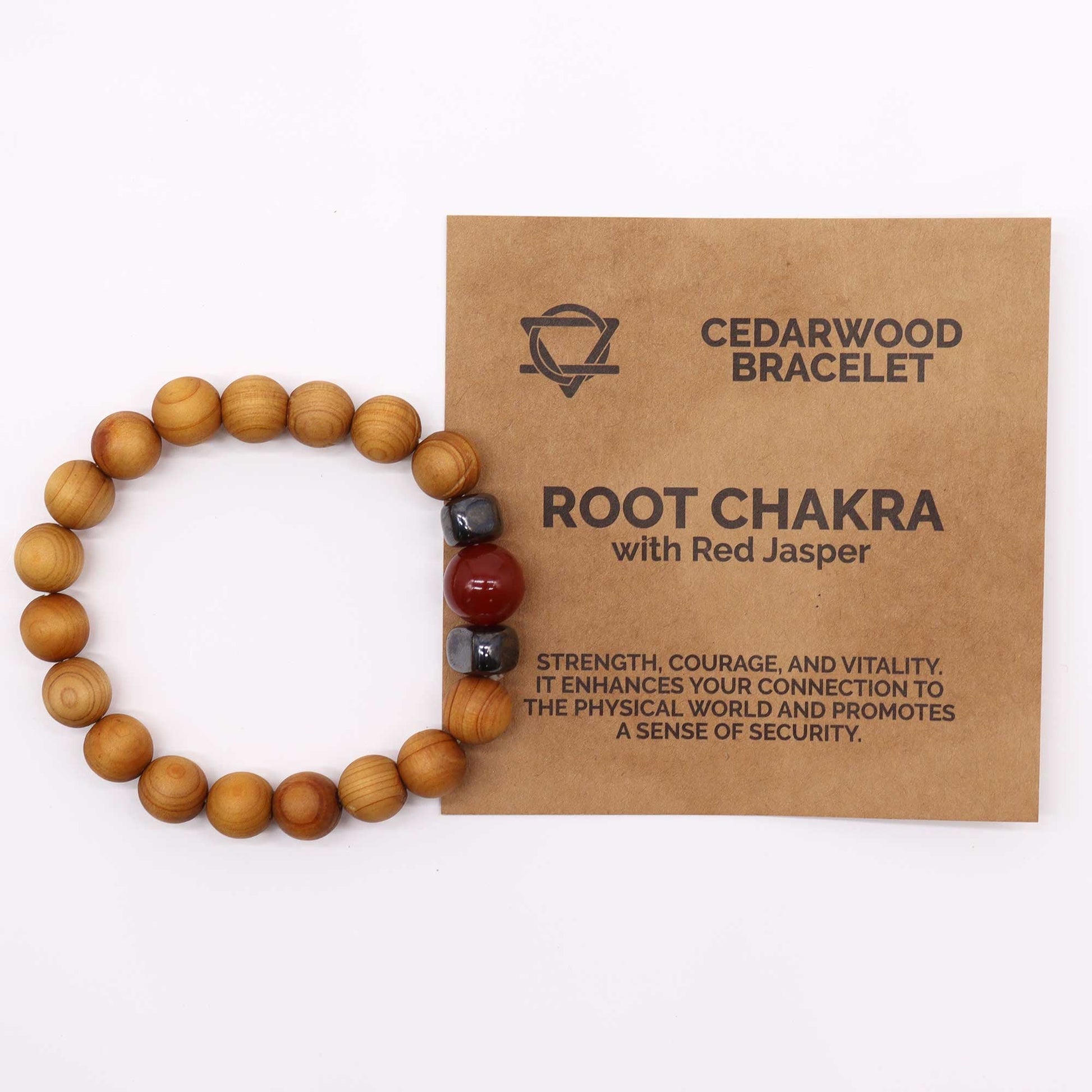 Unisex Cedarwood Root Chakra Bracelet with Red Jasper product packaging on clean background from Quintessential Holistic Health Ltd