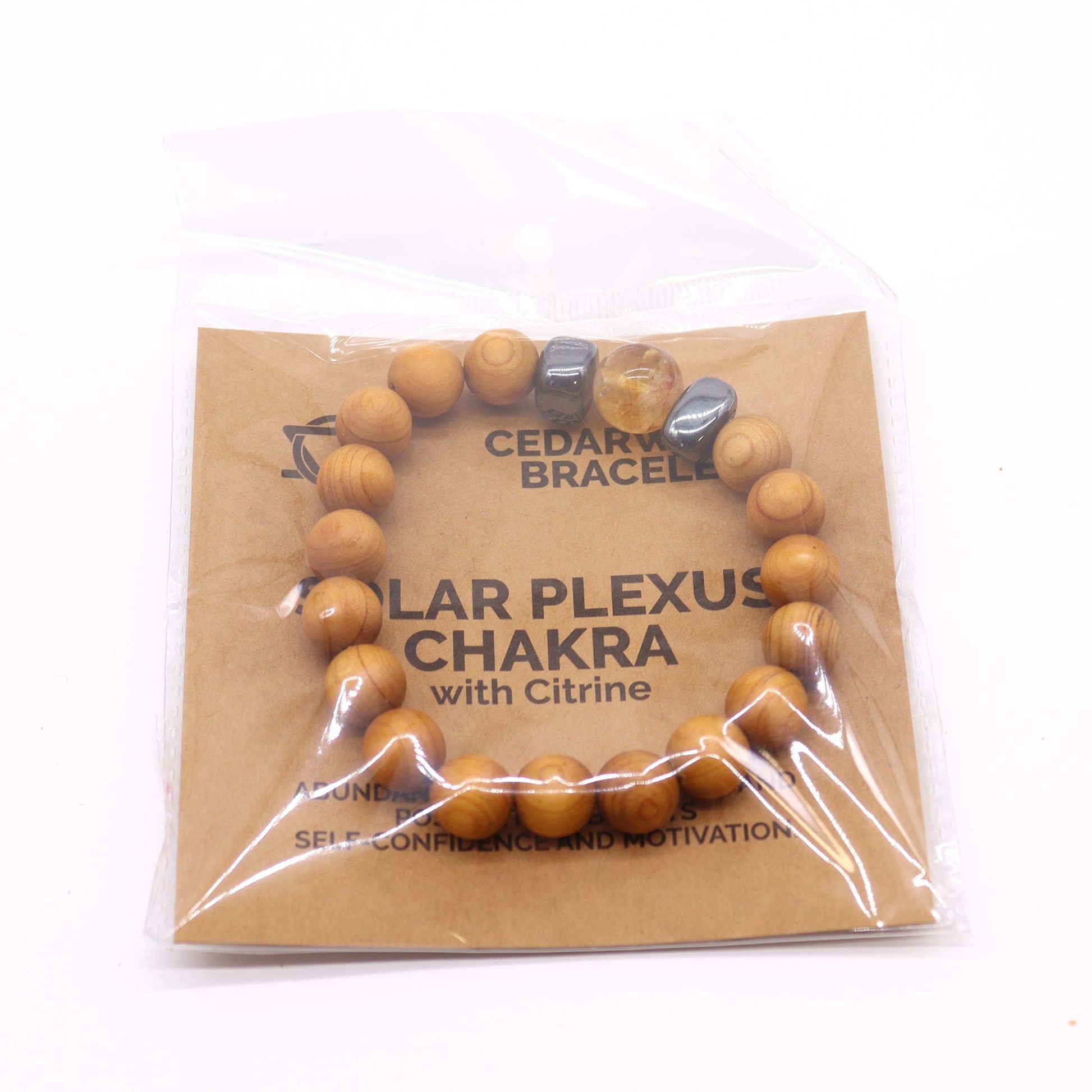 Unisex Cedarwood Solar Plexus Chakra Bracelet with Citrine product packaging on clean background from Quintessential Holistic Health Ltd