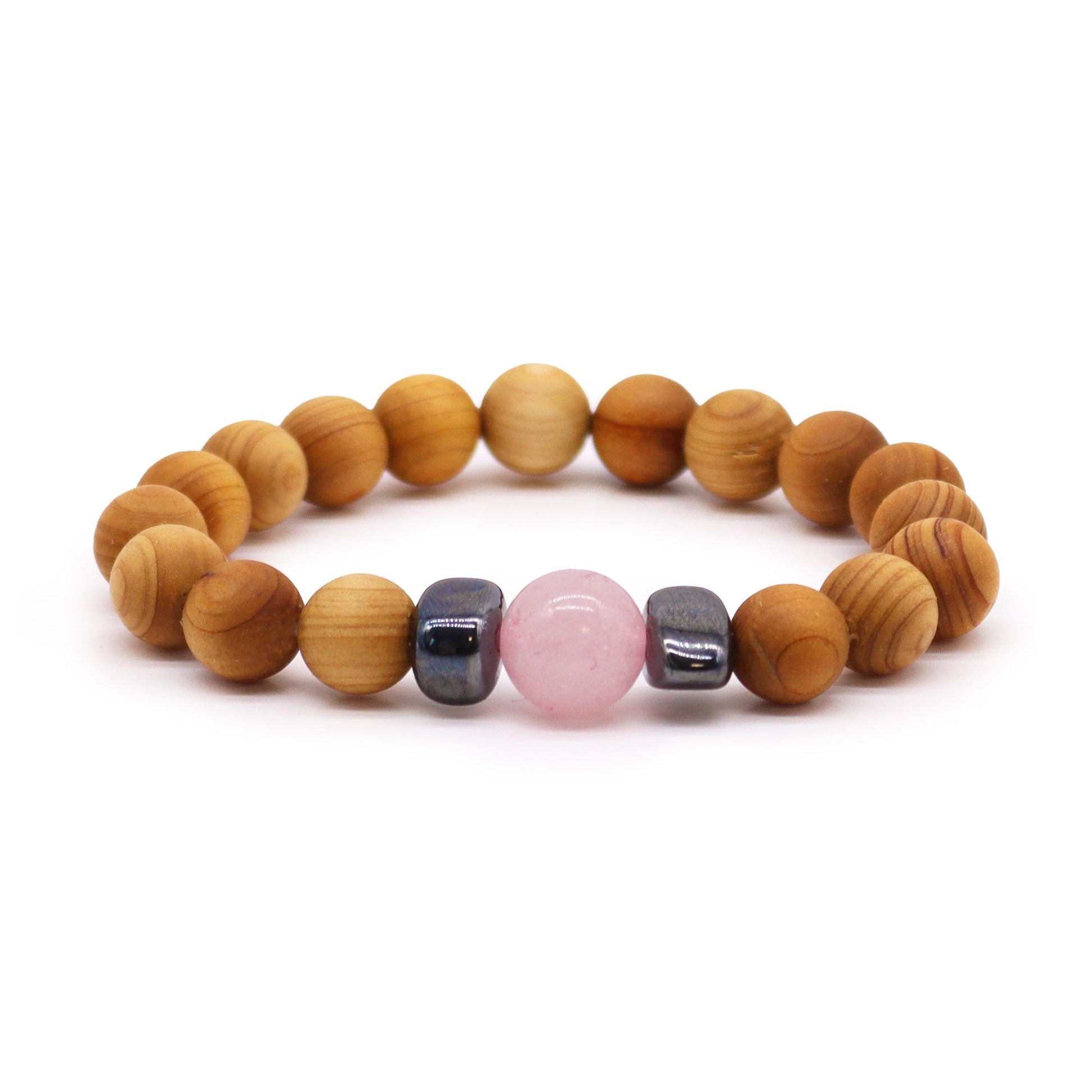 Unisex Cedarwood Heart Chakra Bracelet with Rose Quartz product packaging on clean background from Quintessential Holistic Health Ltd