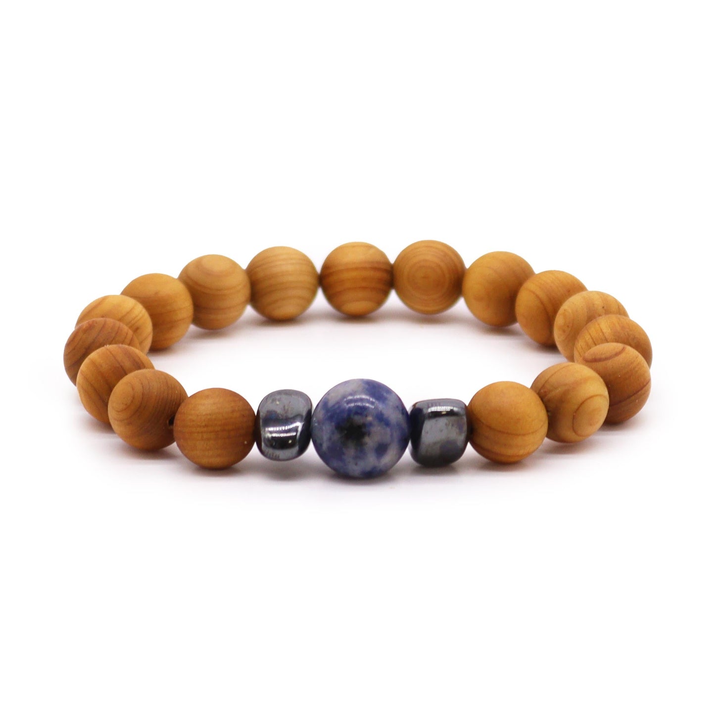 Unisex Cedarwood Throat Chakra Bracelet with Sodalite product packaging on clean background from Quintessential Holistic Health Ltd