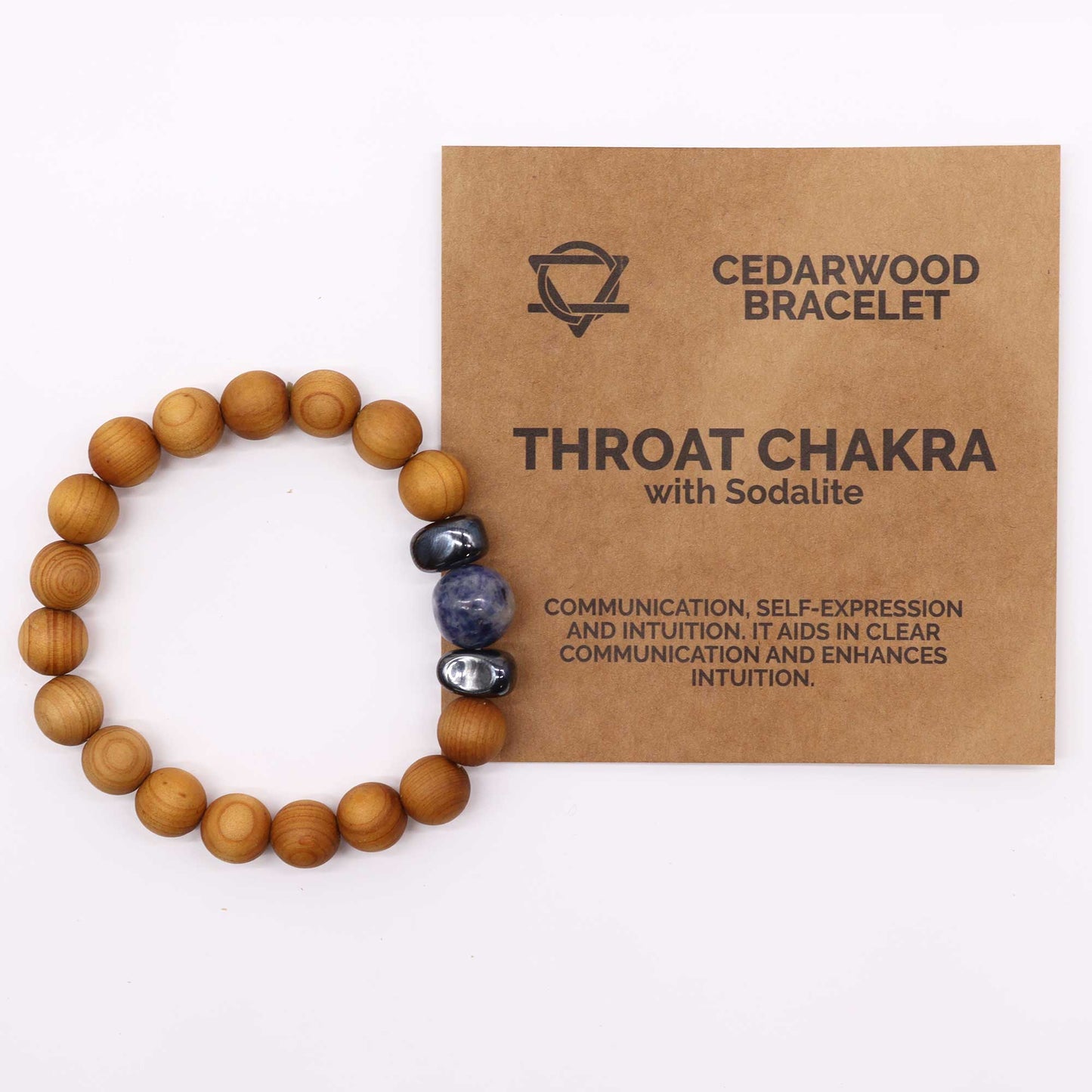 Unisex Cedarwood Throat Chakra Bracelet with Sodalite product packaging on clean background from Quintessential Holistic Health Ltd